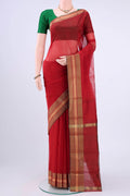 Red Kora Cotton Saree with Zari Butta on the body and Zari Border displayed on a mannequin