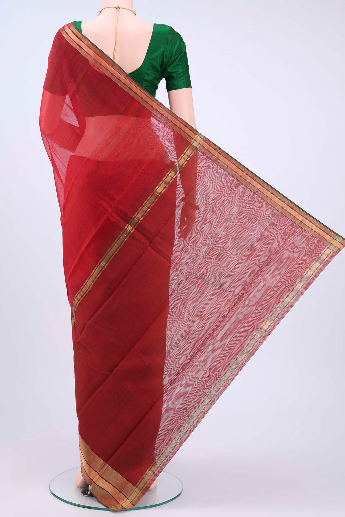 Flat view of Red Kora Cotton Saree with Zari Butta on the body and Zari Border