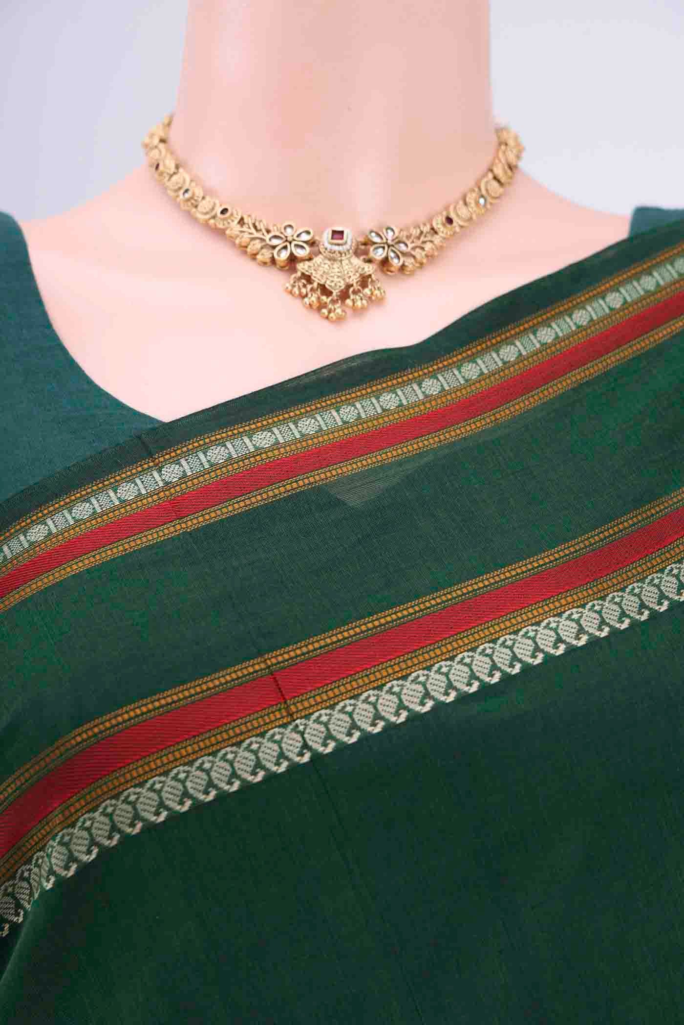 Border image of Bottle Green Kanchi Cotton Saree with Thread Butta on the body and Thread Border