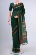 Bottle Green Kanchi Cotton Saree with Thread Butta on the body and Thread Border displayed on a mannequin