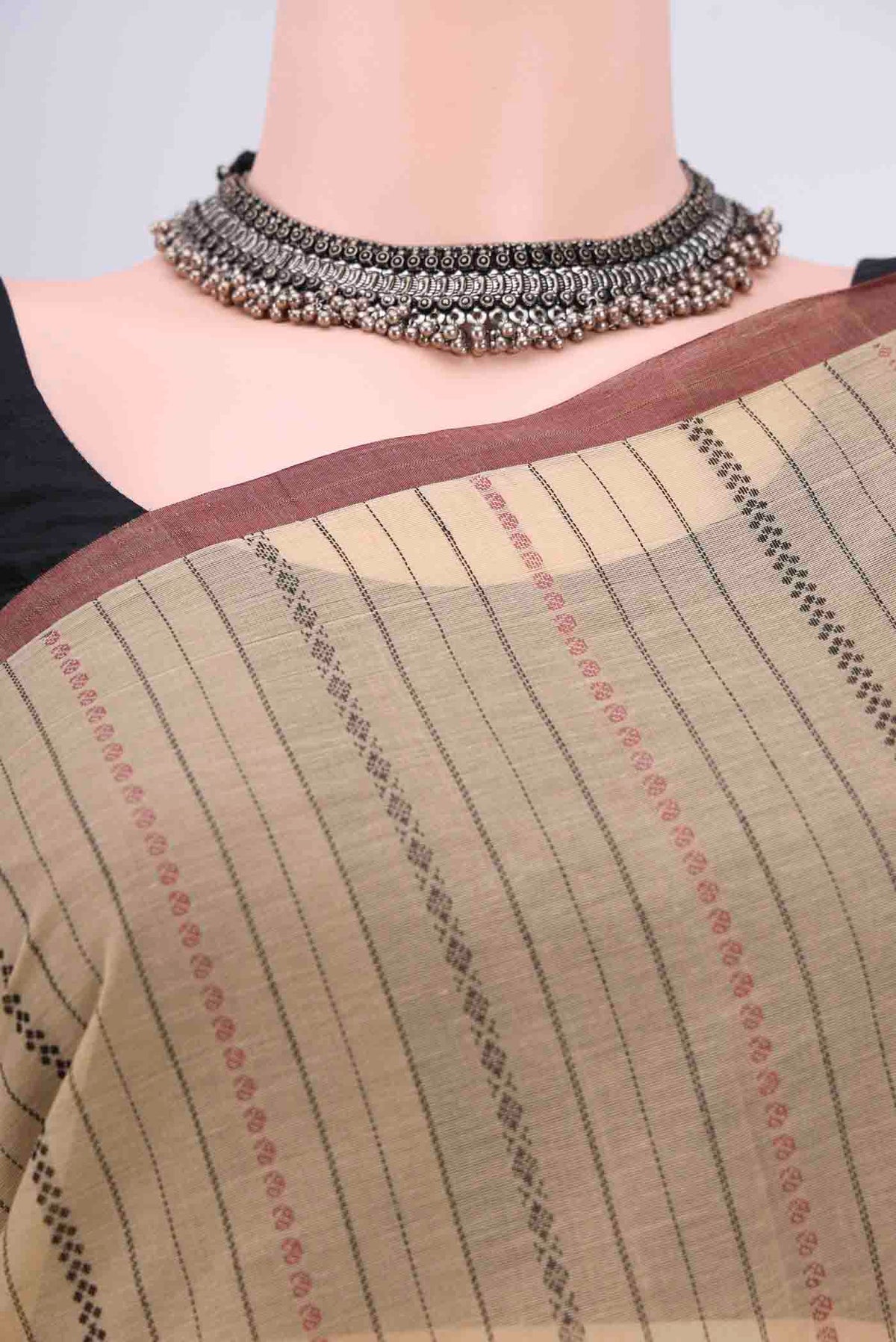 Border image of Beige Kanchi Cotton Saree with Stripes on the body and Plain Border