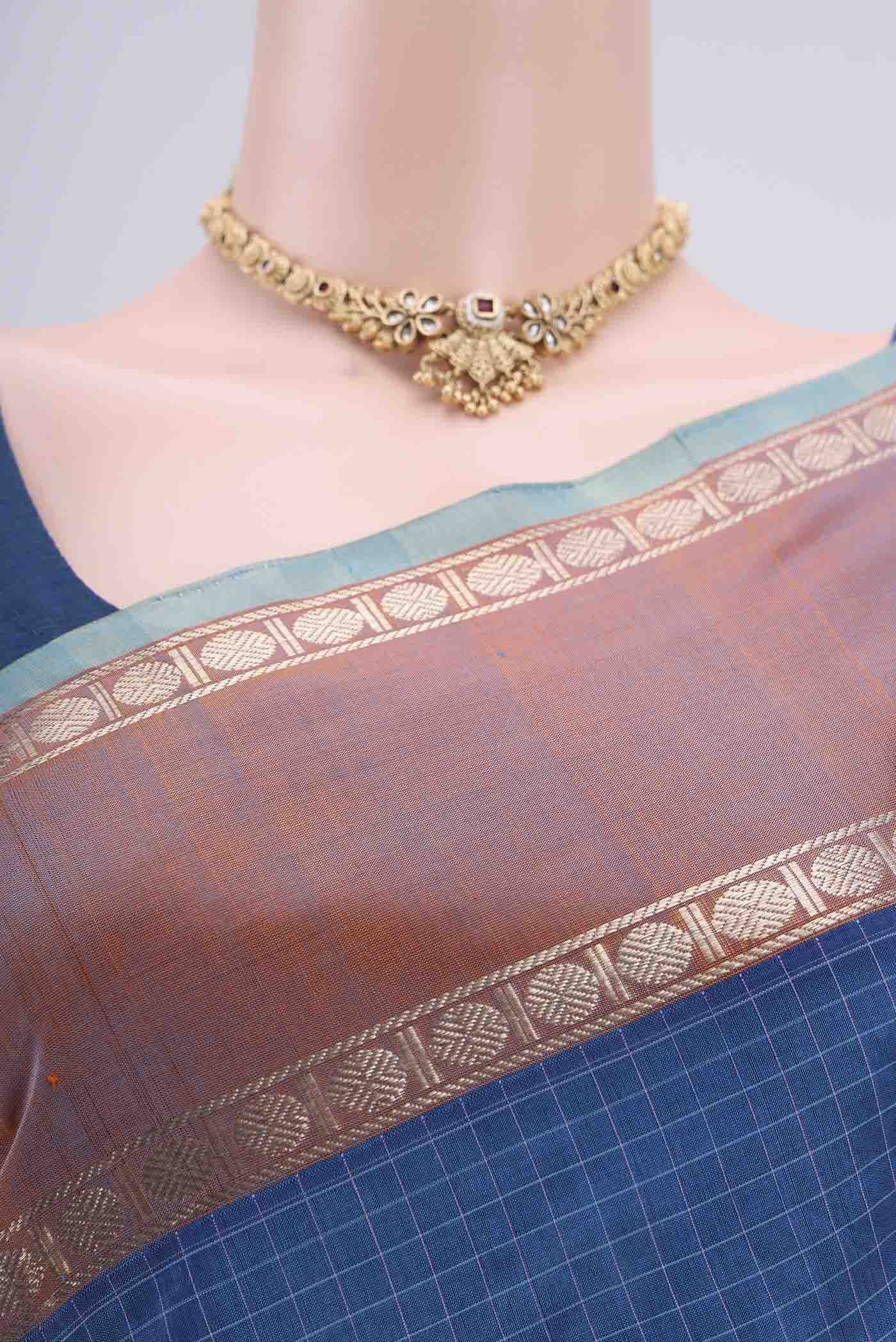 Border image of Blue Dual Tone Blended Coimbatore Silk Cotton Saree with Checked design on the body and Zari Border. 