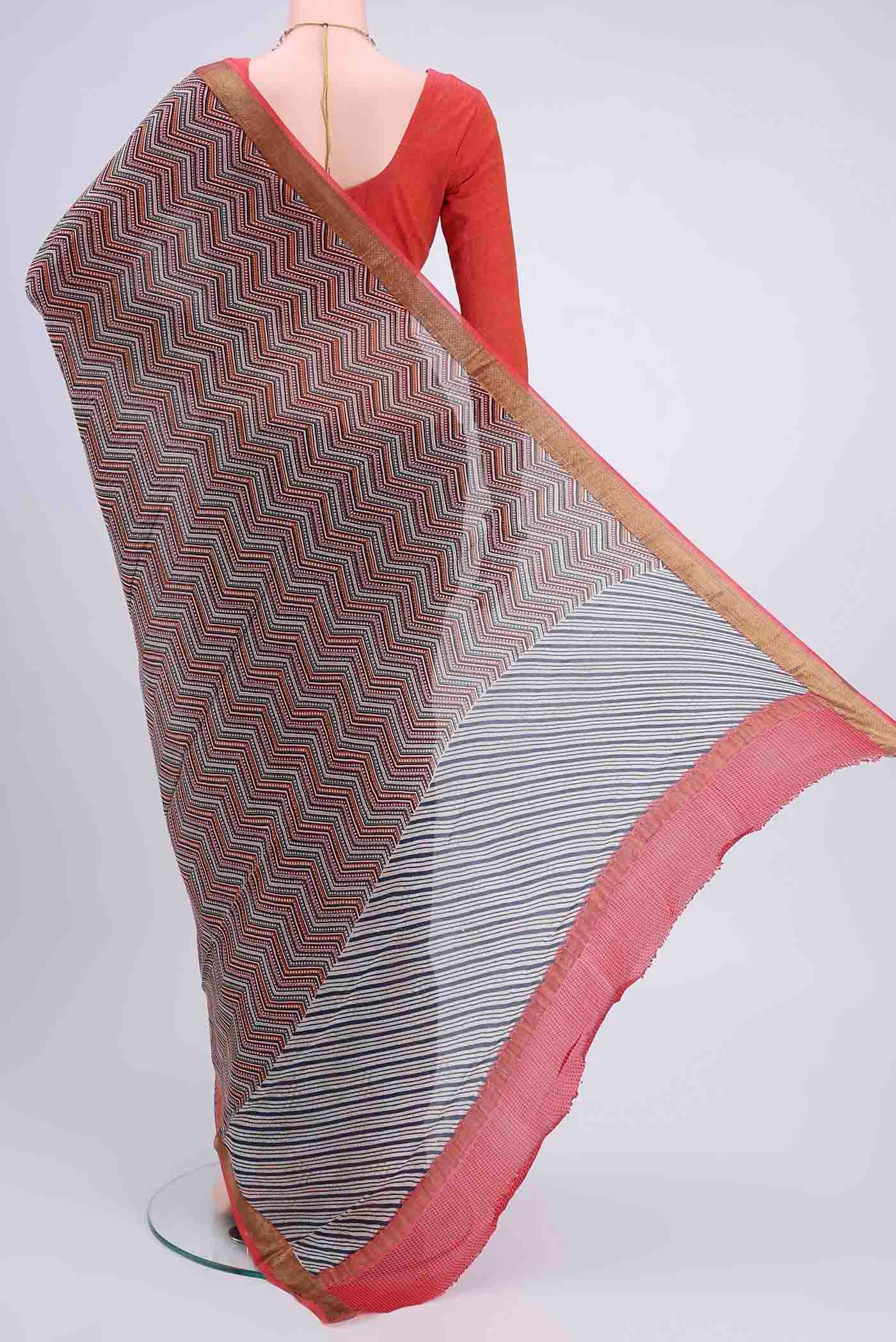 Flat view of Multi Color Mysore Crepe Saree with Floral Print on the body and Printed Border