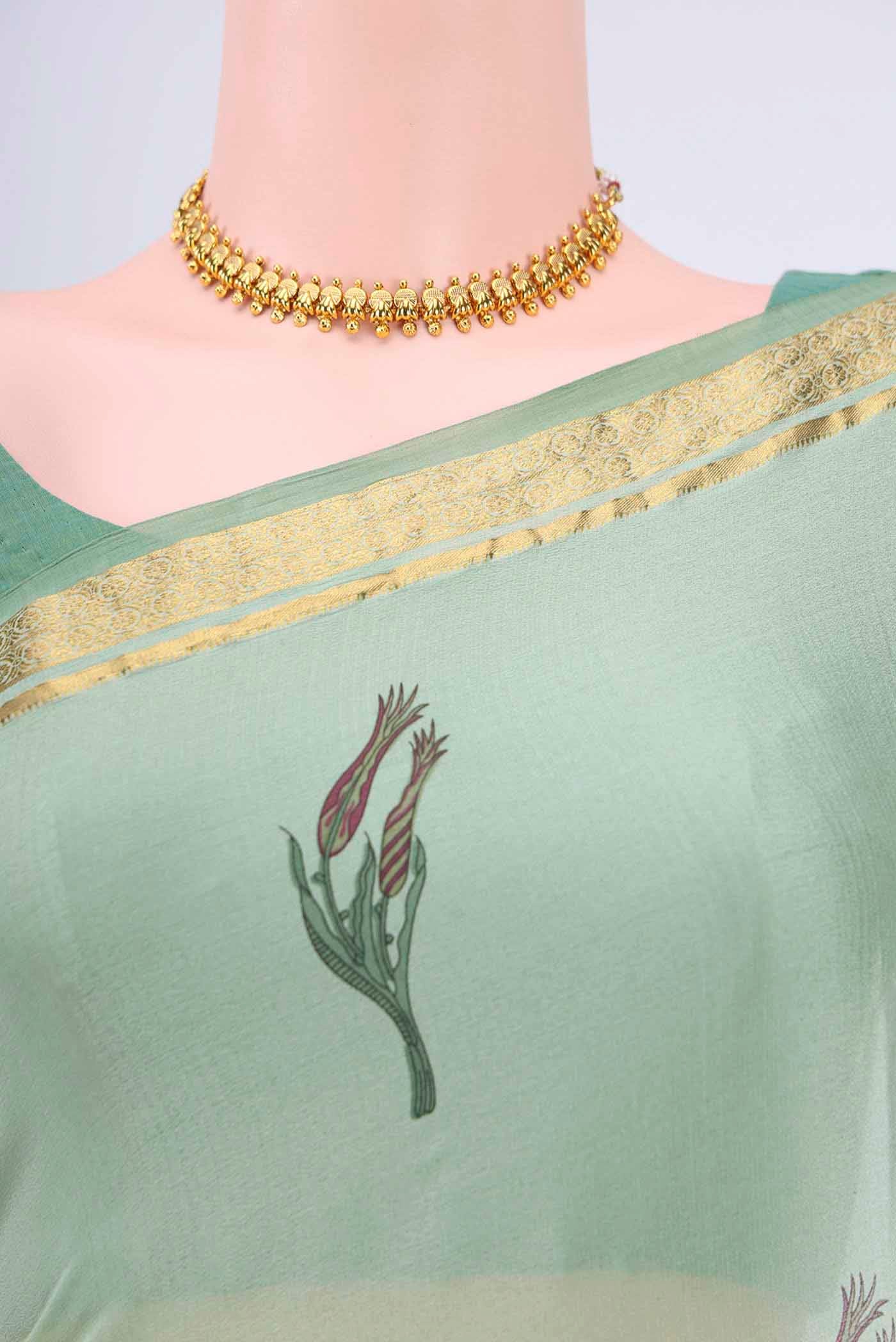 Border image of Sage Green Mysore Crepe Saree with Floral Print on the body and Printed Border