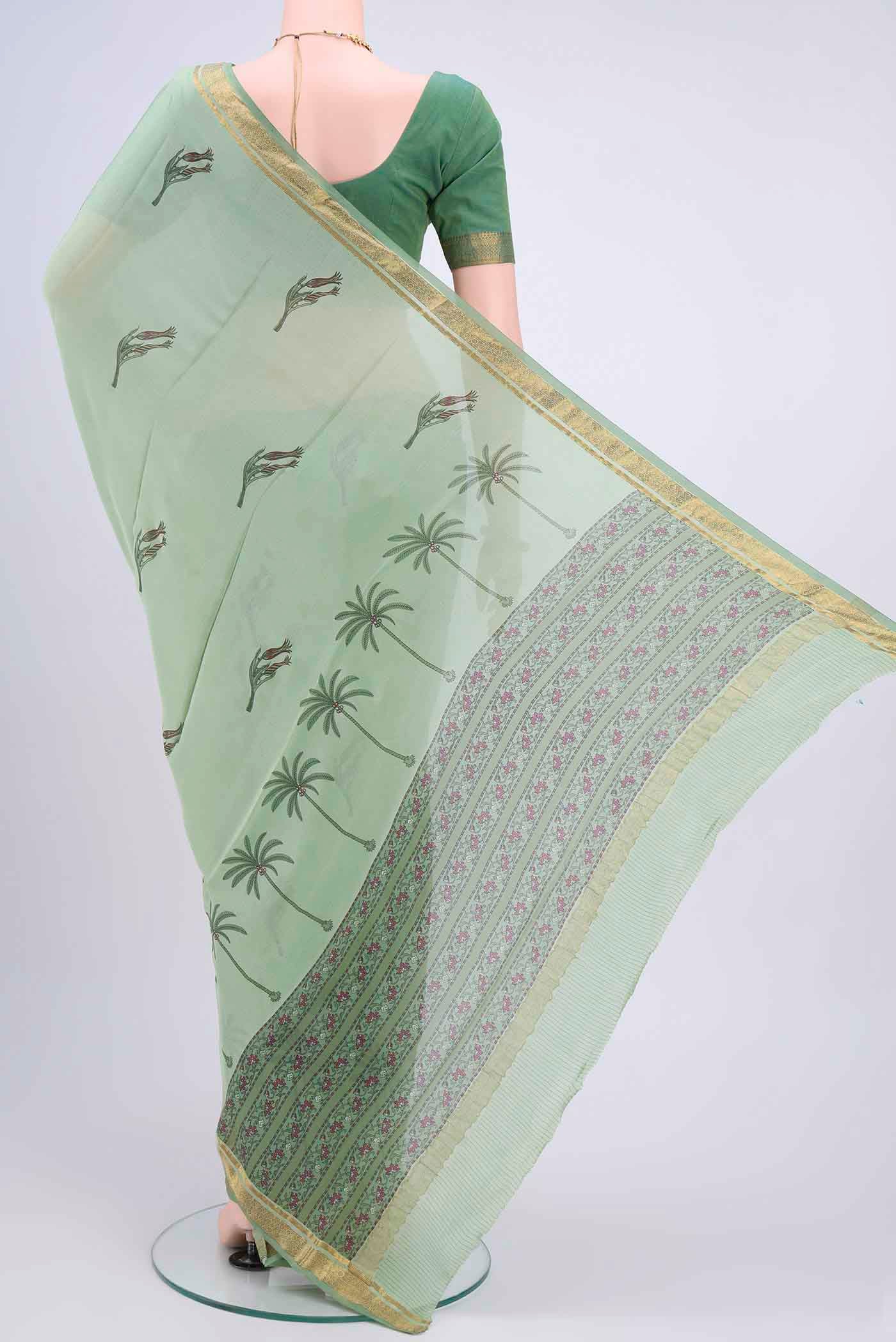 Flat view of Sage Green Mysore Crepe Saree with Floral Print on the body and Printed Border