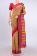 Golden Tussar Silk Saree with Thread Butta on the body and Temple Border displayed on a mannequin
