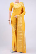 Lemon Yellow Nangavalli Silk [ Salem ] Saree with Zari Butta on the body and Zari Border displayed on a mannequin