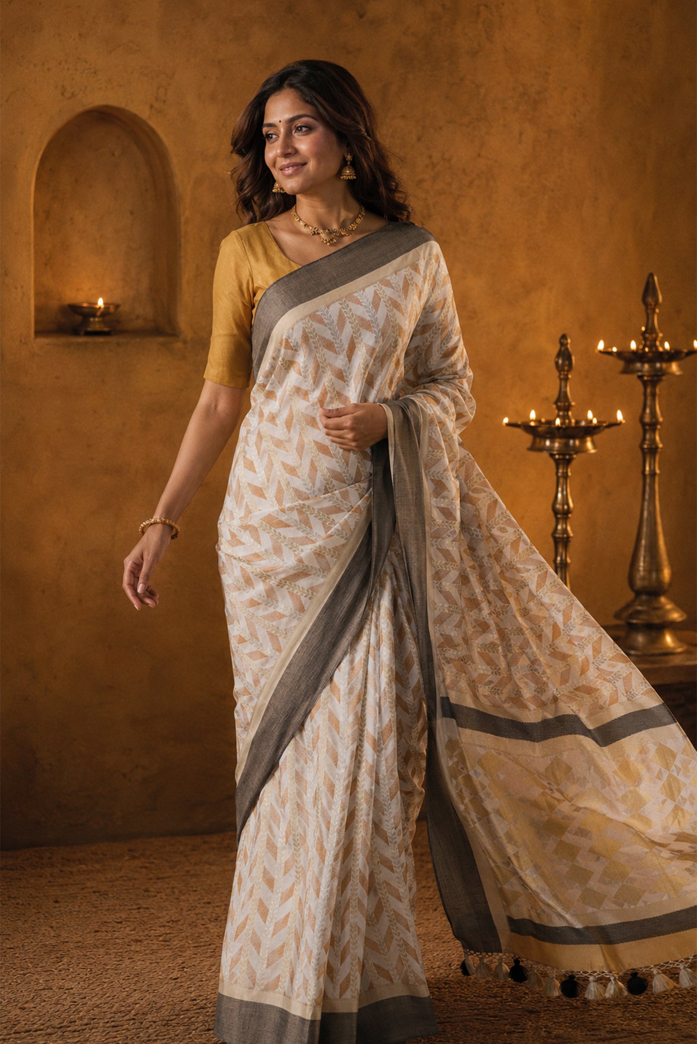 Model wearing a White Banarasi Tussar Georgette Saree with Zari Butta on the body and Zari Border.