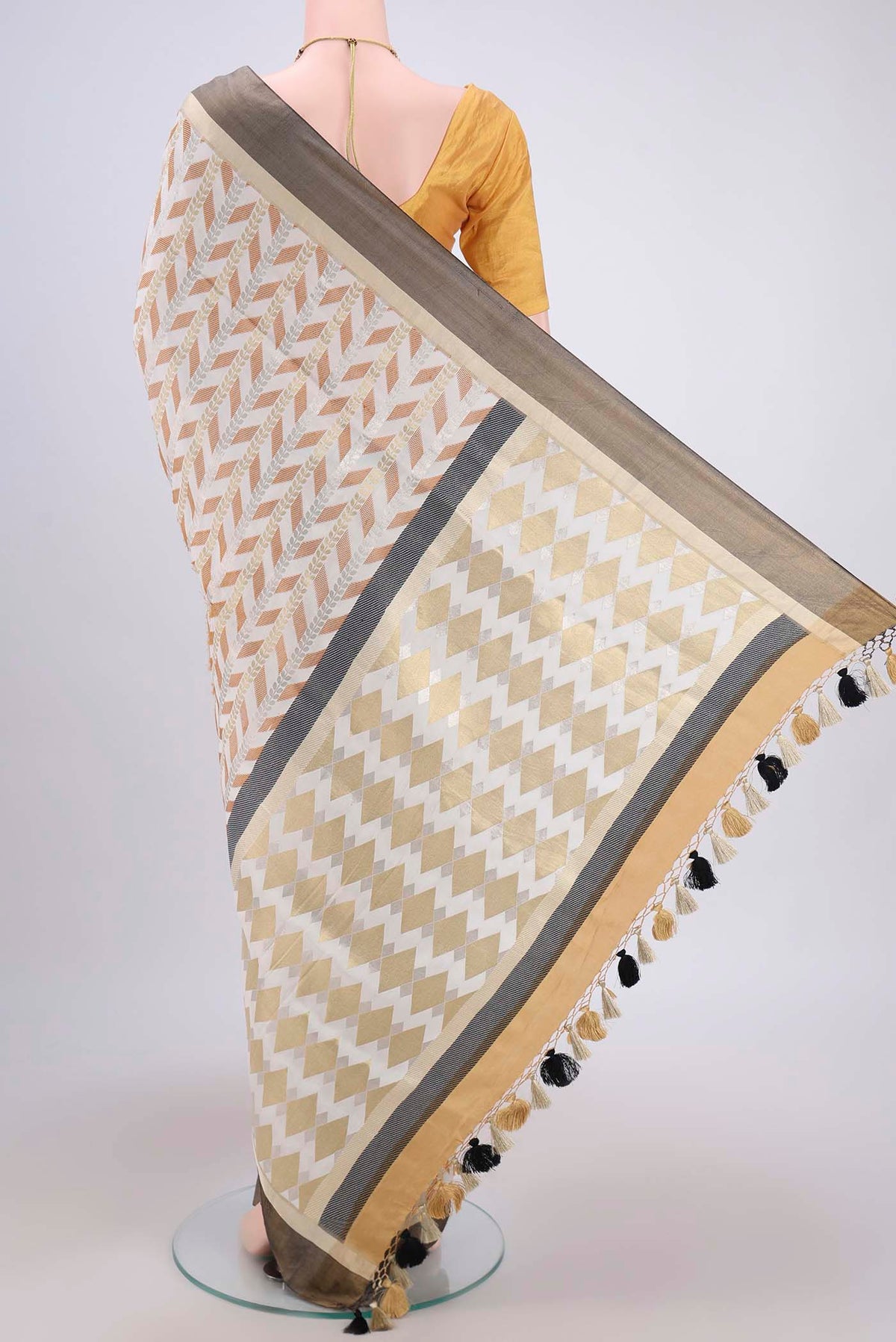 Flat view of White Soft Silk Saree with Zari Butta on the body and Without Border. 