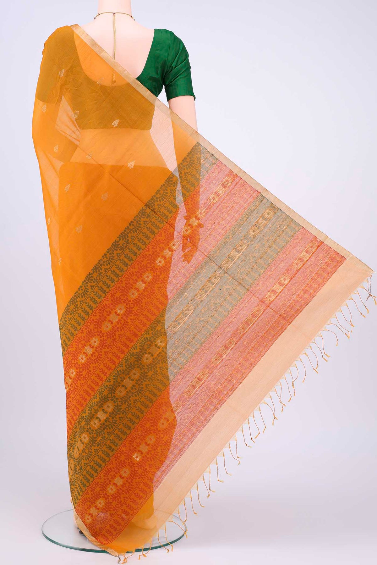 Flat view of Mustard Kota Cotton Saree with Zari Butta on the body and Zari Border