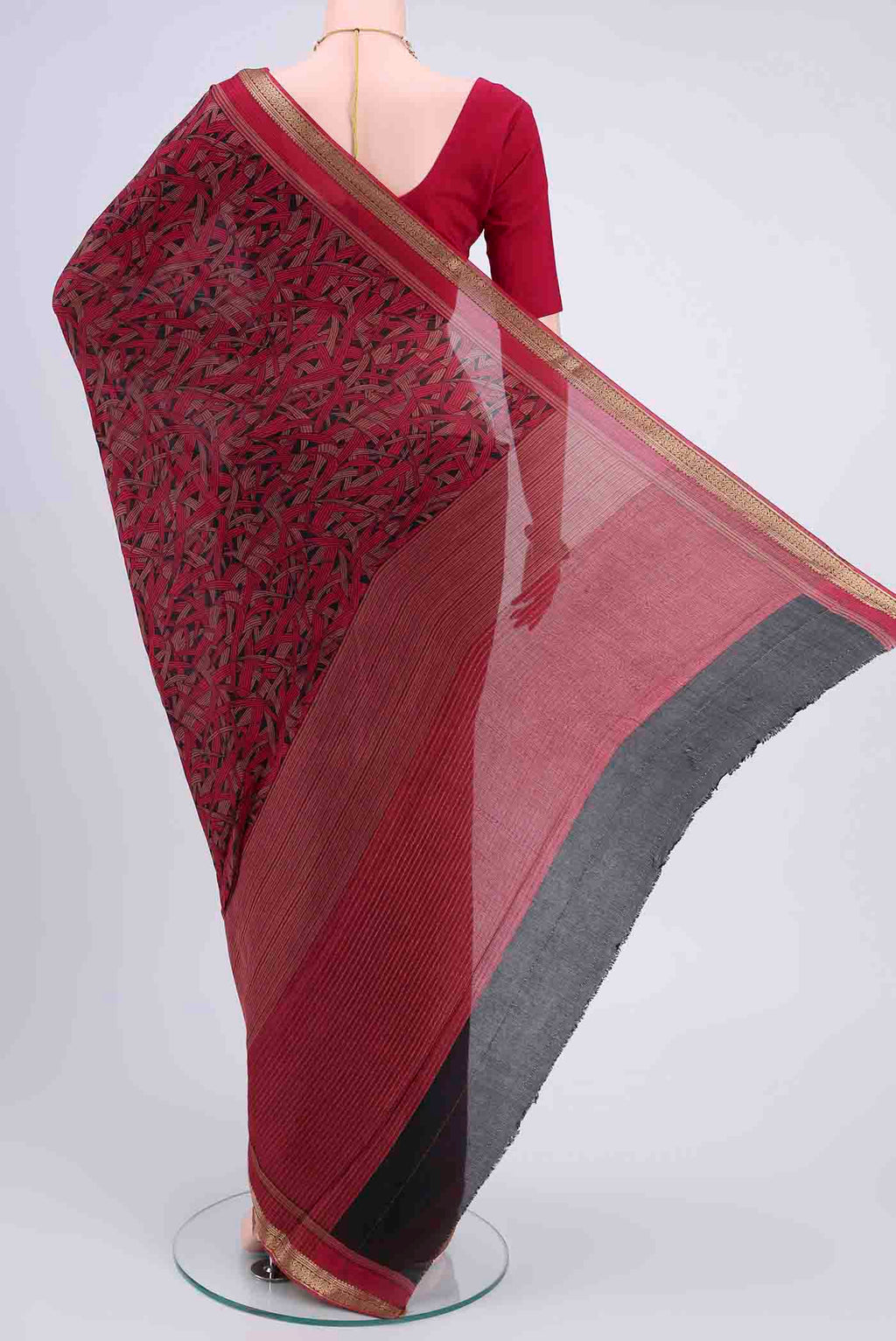 Flat view of Black Mysore Crepe Saree with Floral Print on the body and Printed Border