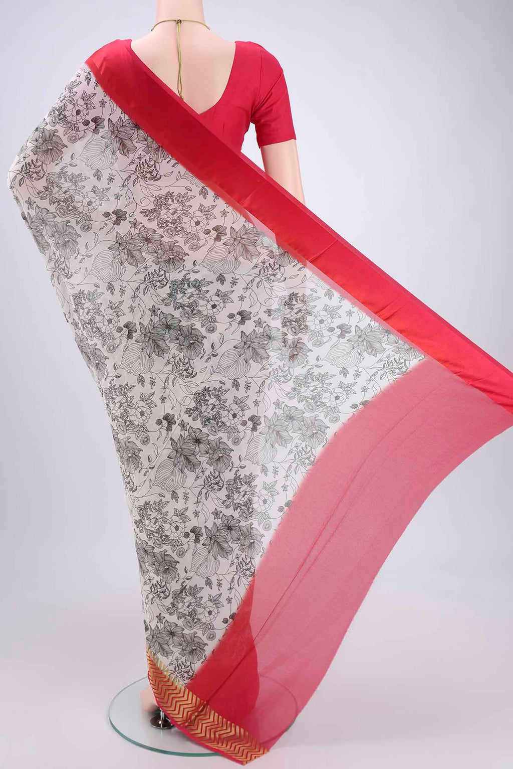 Flat view of White Mysore Crepe Saree with Floral Print on the body and Without Border. 