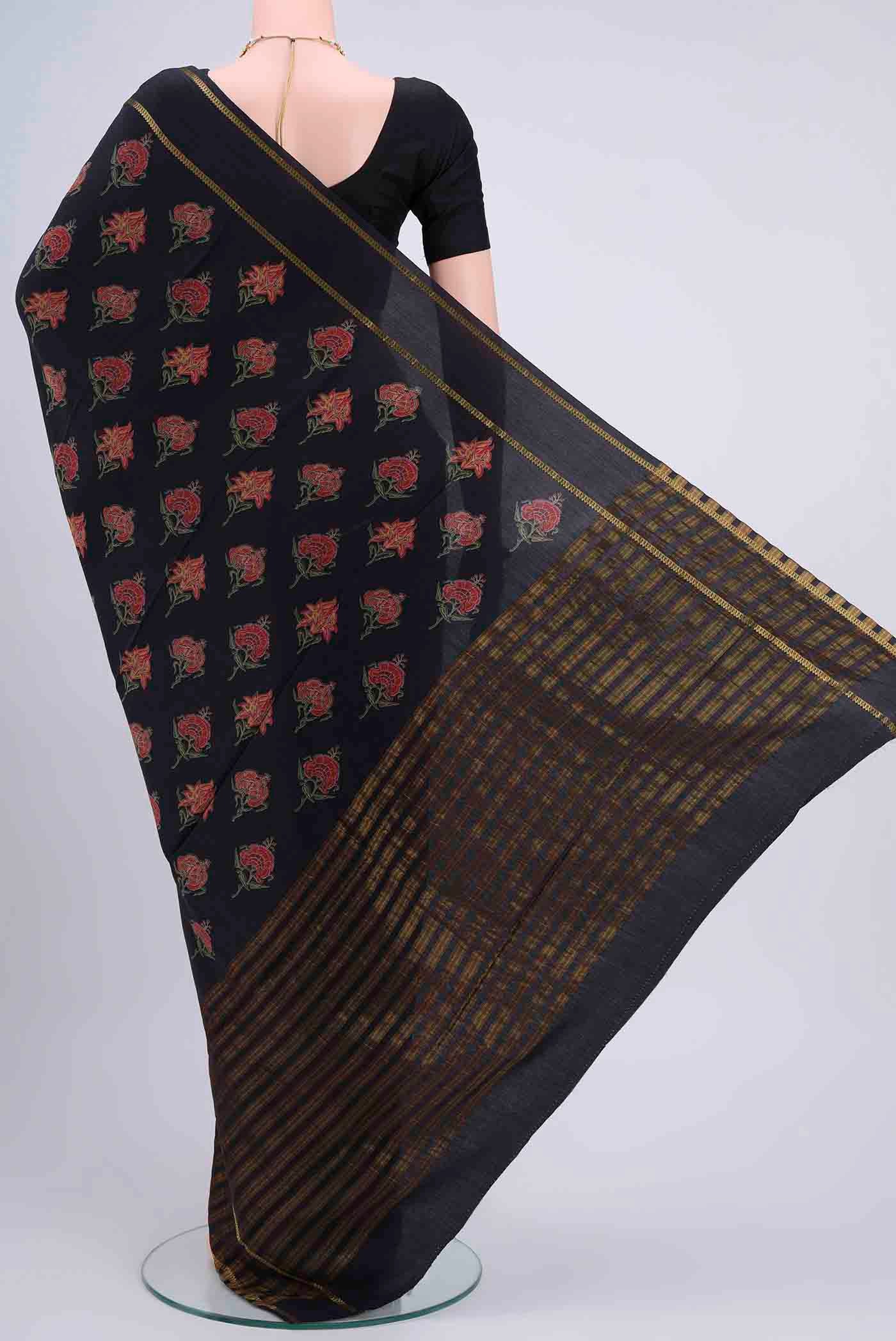 Flat view of Black Mysore Crepe Saree with Floral Print on the body and Printed Border