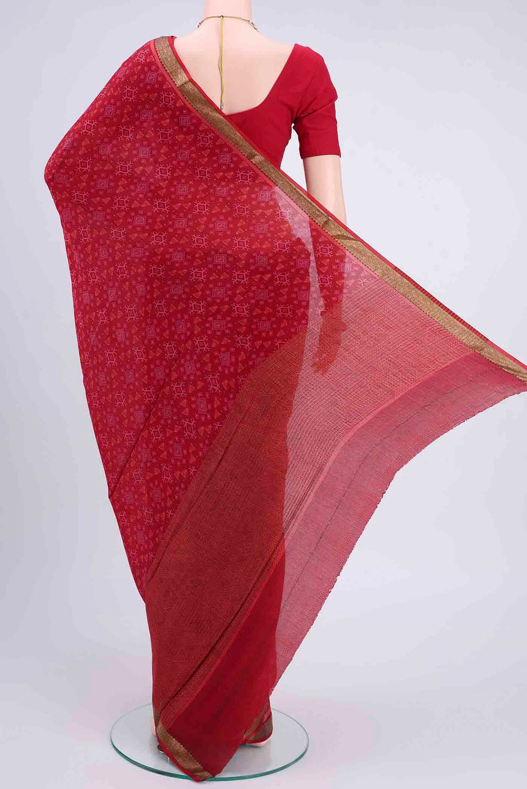 Flat view of Maroon Mysore Crepe Saree with Floral Print on the body and Printed Border