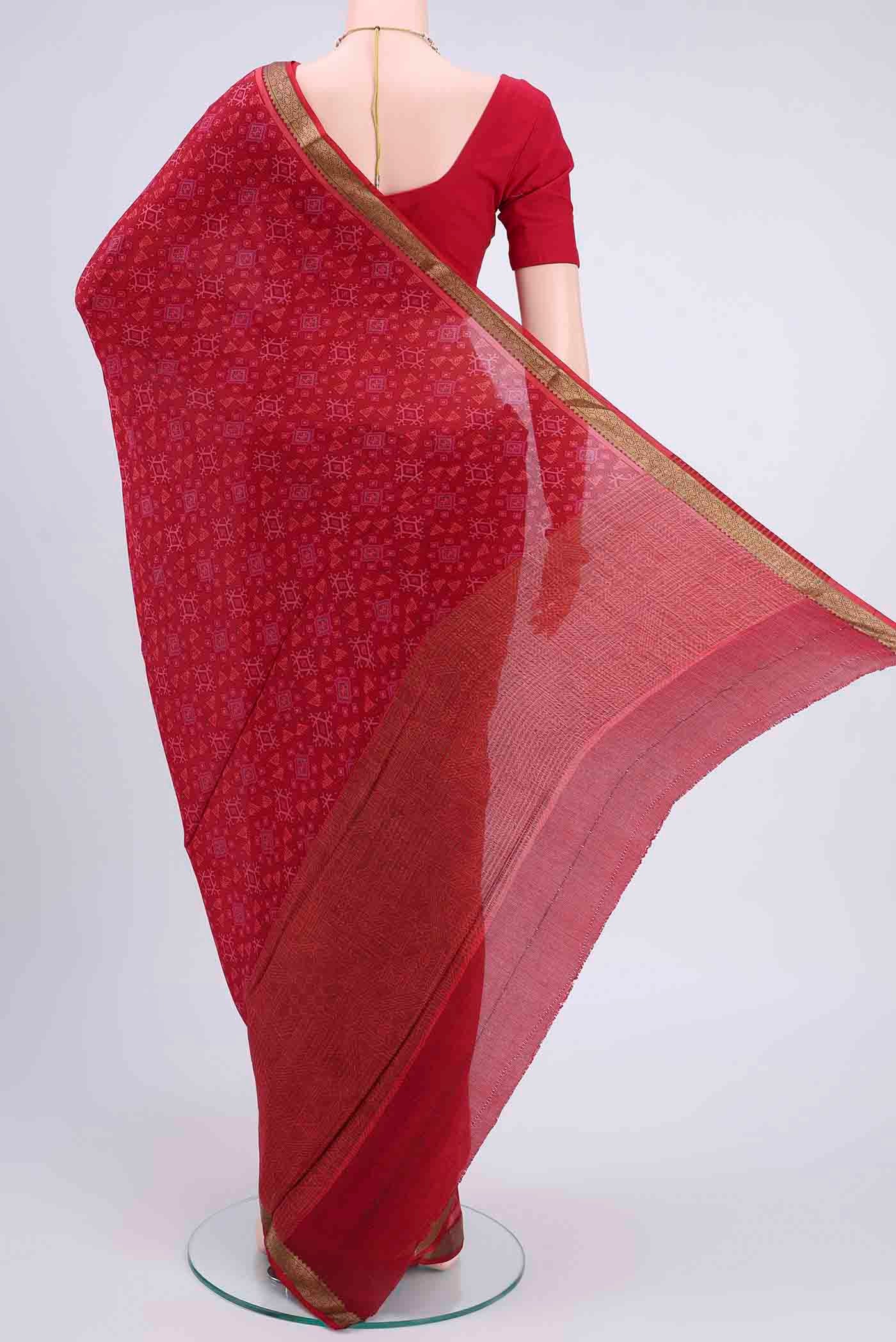 Flat view of Maroon Mysore Crepe Saree with Floral Print on the body and Printed Border