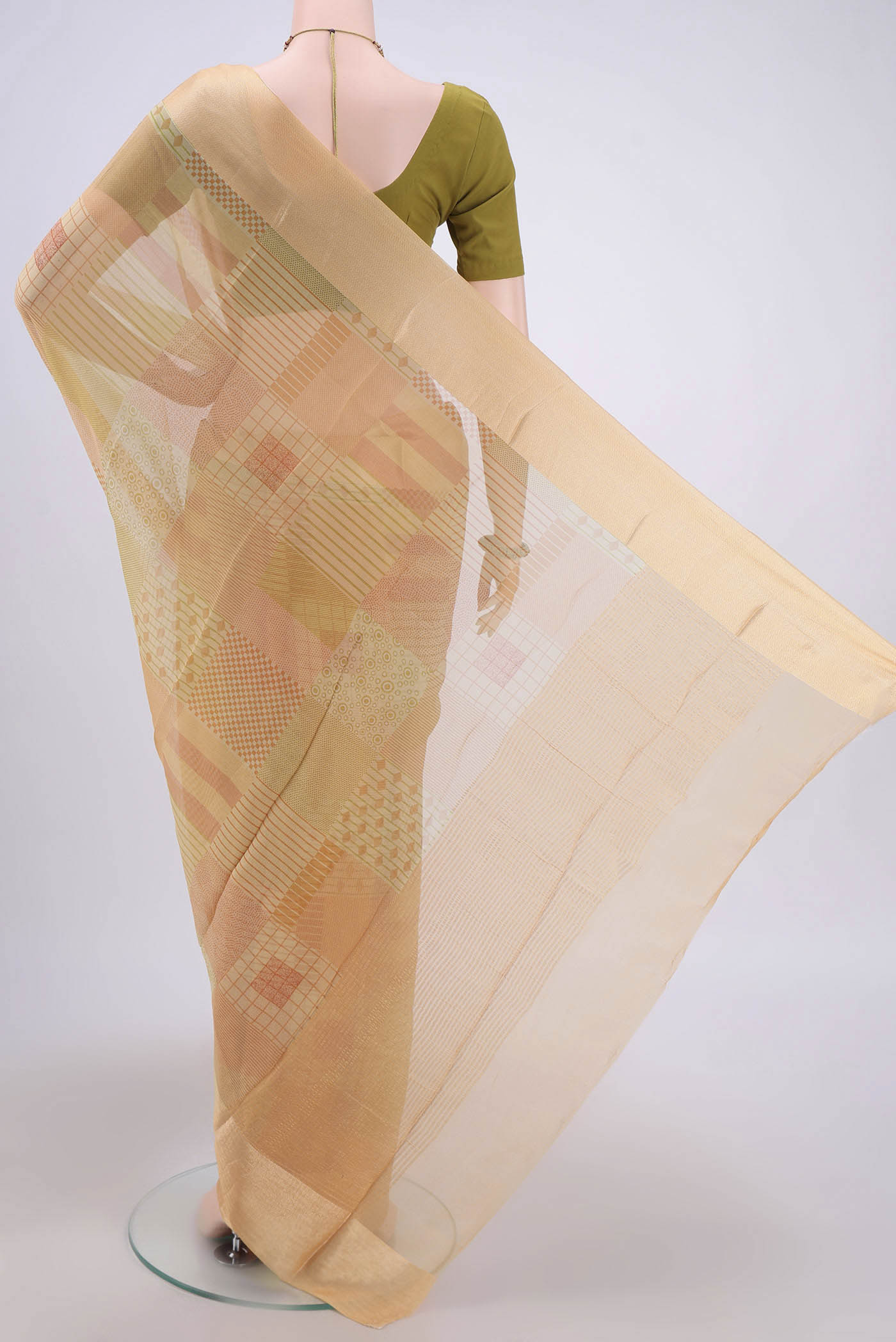 Flat view of Beige Mysore Chiffon Saree with Printed design on the body and Printed Border. 