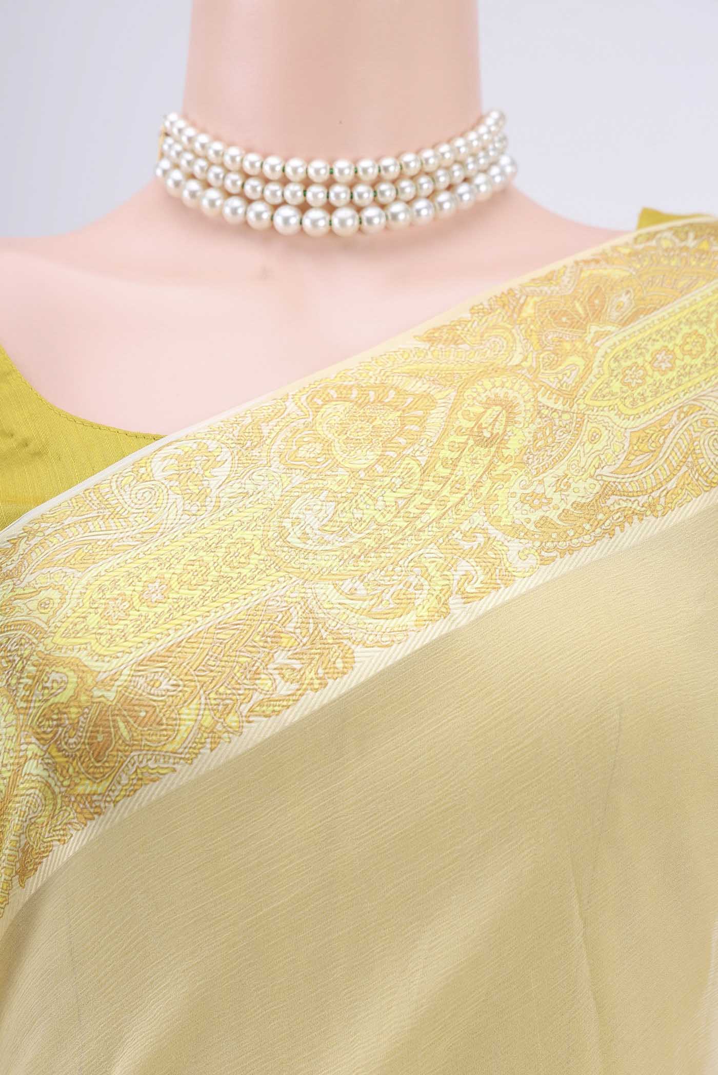 Border image of Yellow Mysore Chiffon Saree with Plain Body and Printed Border. 