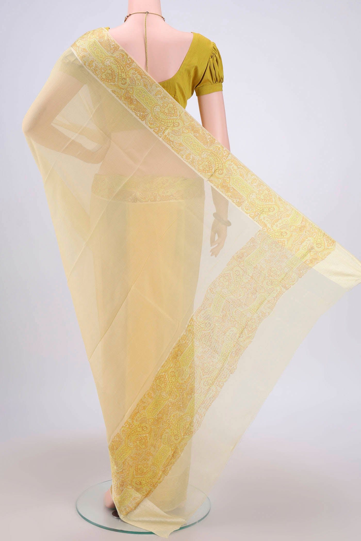 Flat view of Yellow Mysore Chiffon Saree with Plain Body and Printed Border. 