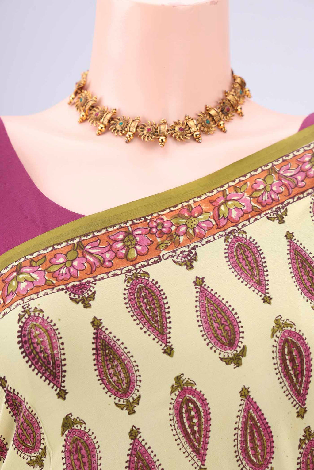 Border image of Lemon Yellow Mysore Crepe Saree with Floral Print on the body and Zari Border. 