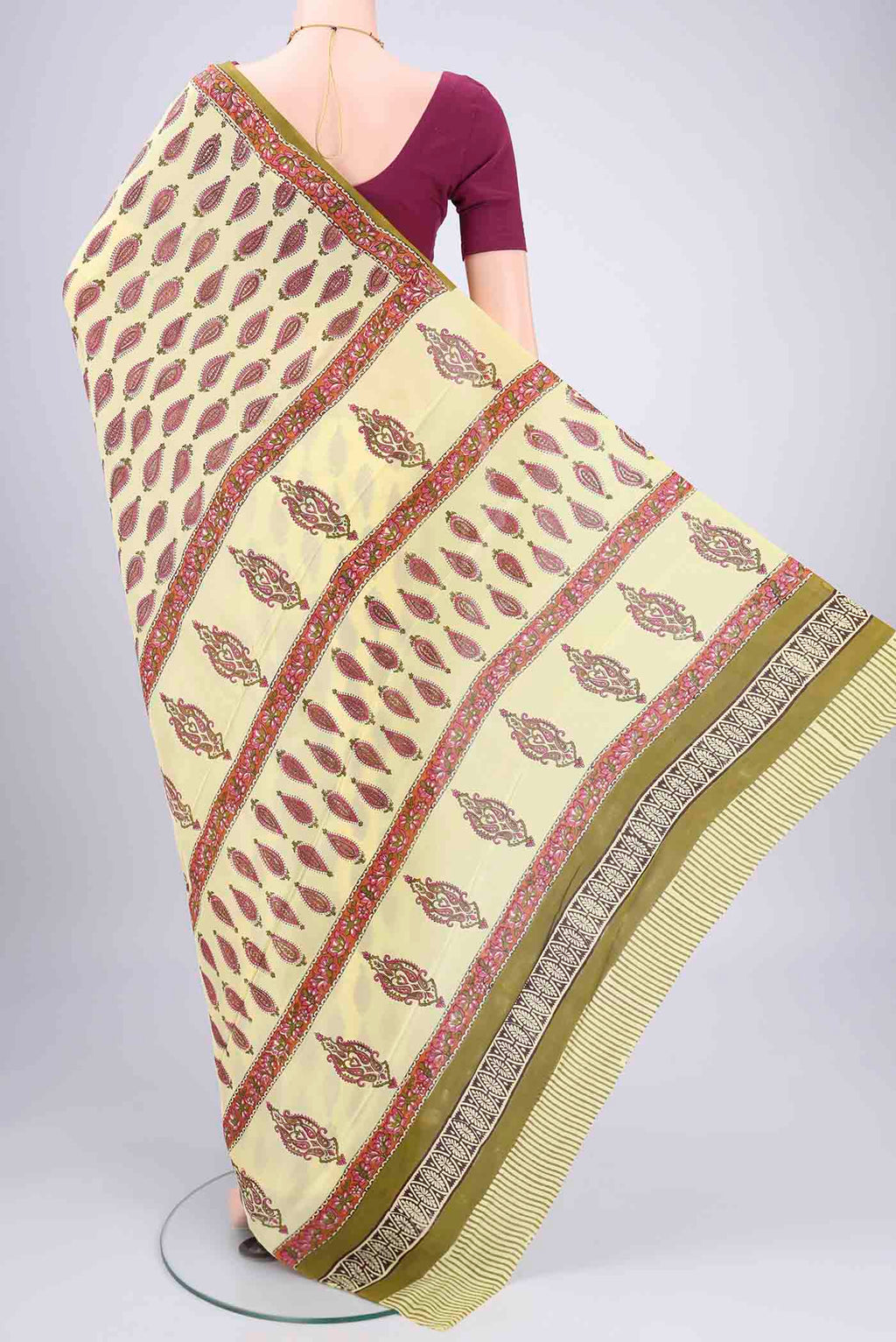 Flat view of Lemon Yellow Mysore Crepe Saree with Floral Print on the body and Zari Border. 