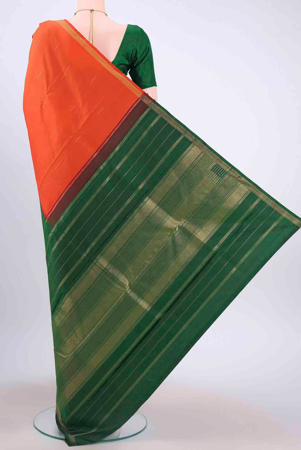 Flat view of Orange Kanchipuram Silk Saree with Half And Half on the body and Plain Border