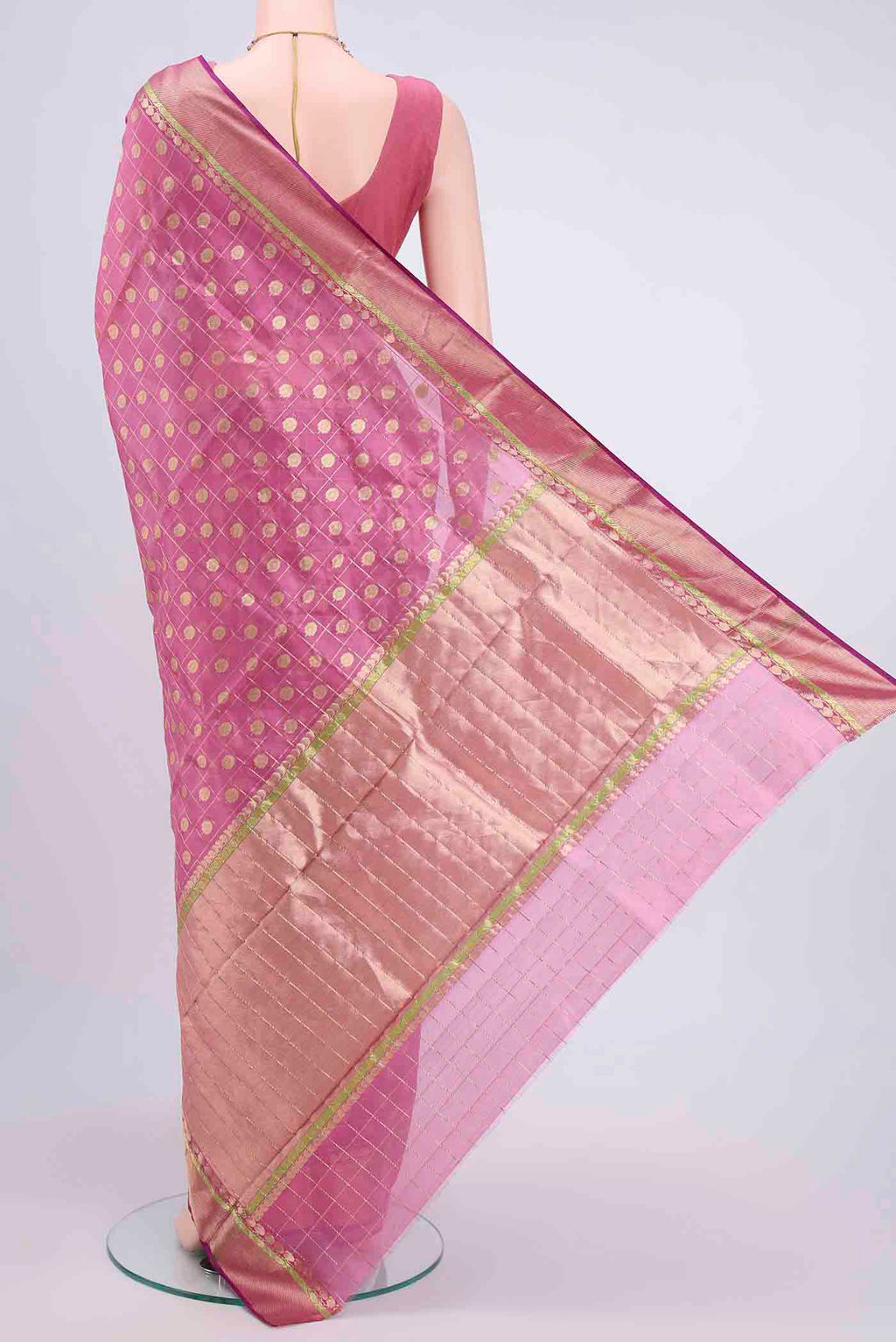 Flat view of Pink Chanderi Silk Saree with Checked design on the body and Zari Border