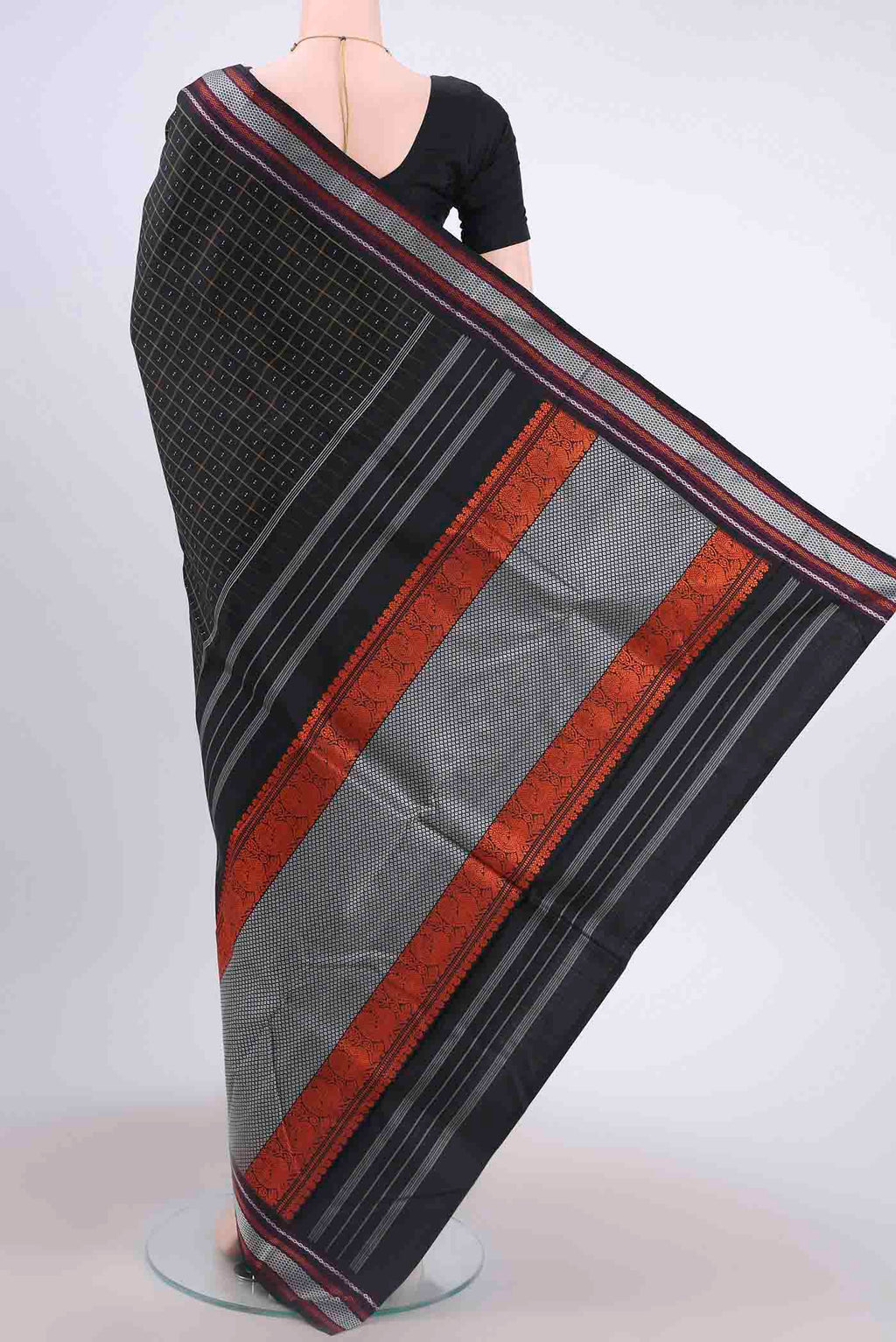 Flat view of Black Kanchipuram Silk Saree with Checked design on the body and Thread Border