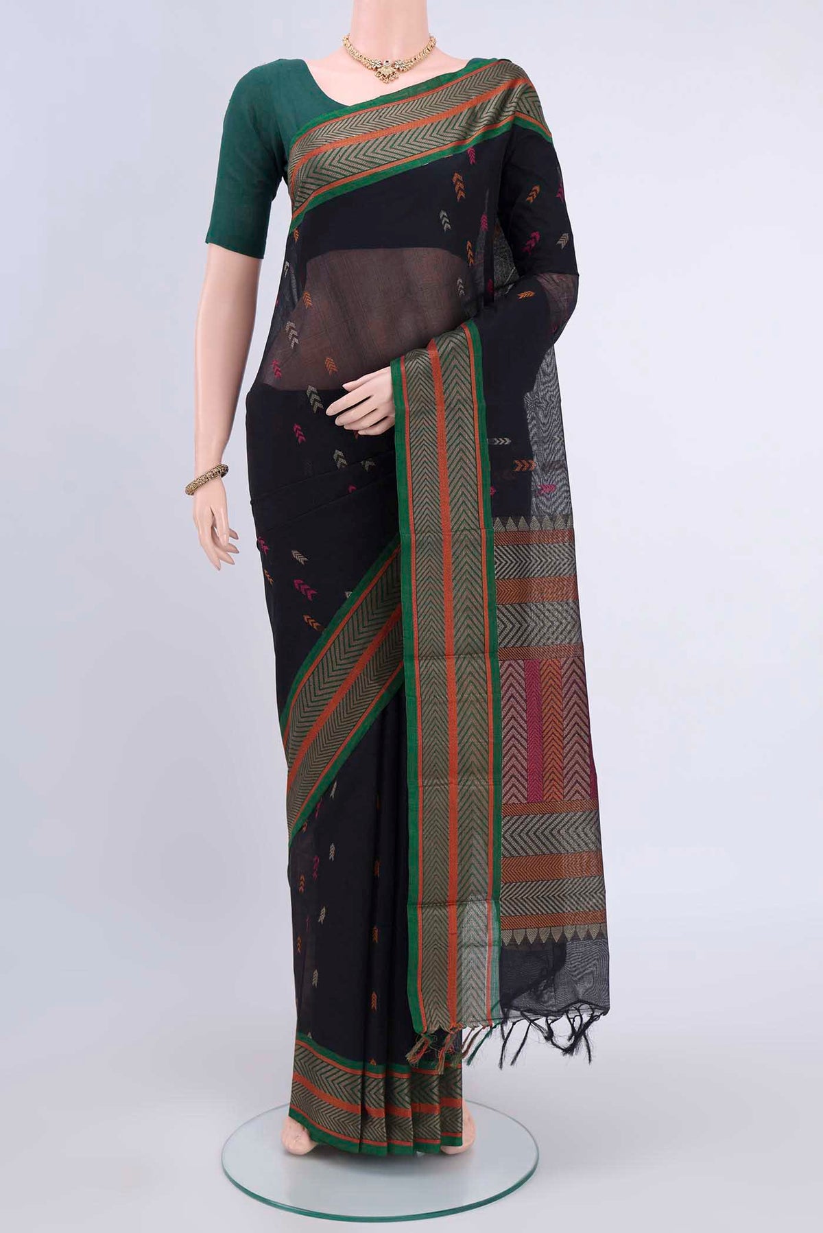 Black Kanchi Cotton Saree with Thread Butta on the body and Thread Border displayed on a mannequin