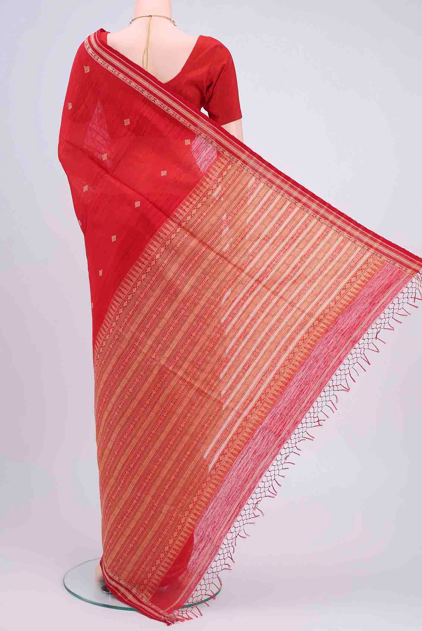 Flat view of Red Tussar Silk Saree with Jamdani on the body and Plain Border