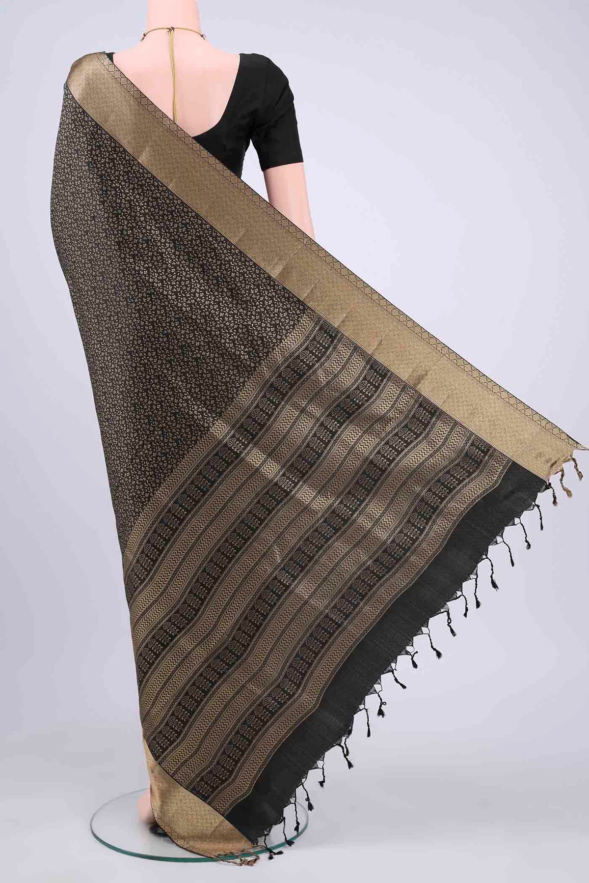 Flat view of Black Soft Silk Saree with Jacquard design on the body and Thread Border