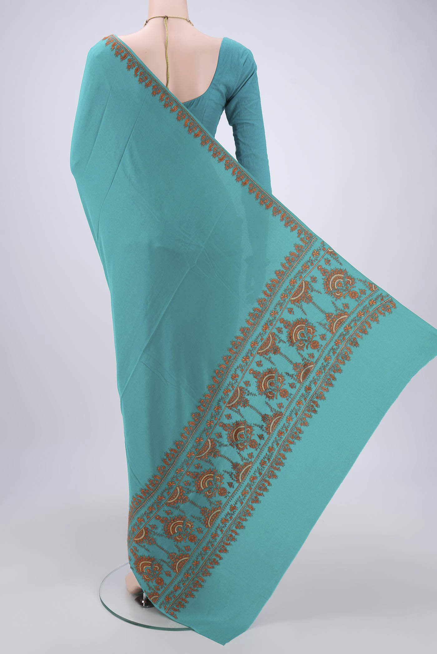 Flat view of Turquoise Kashmiri Saree with Plain Body and Thread Border. 