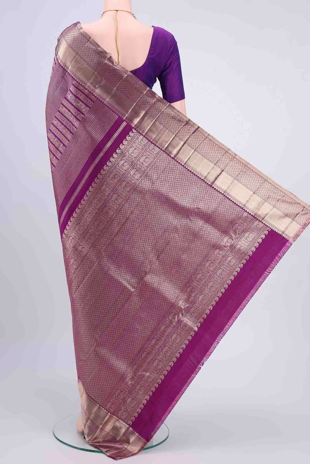 Flat view of Purple Kanchipuram Saree with Zari Brocade on the body and Zari Border