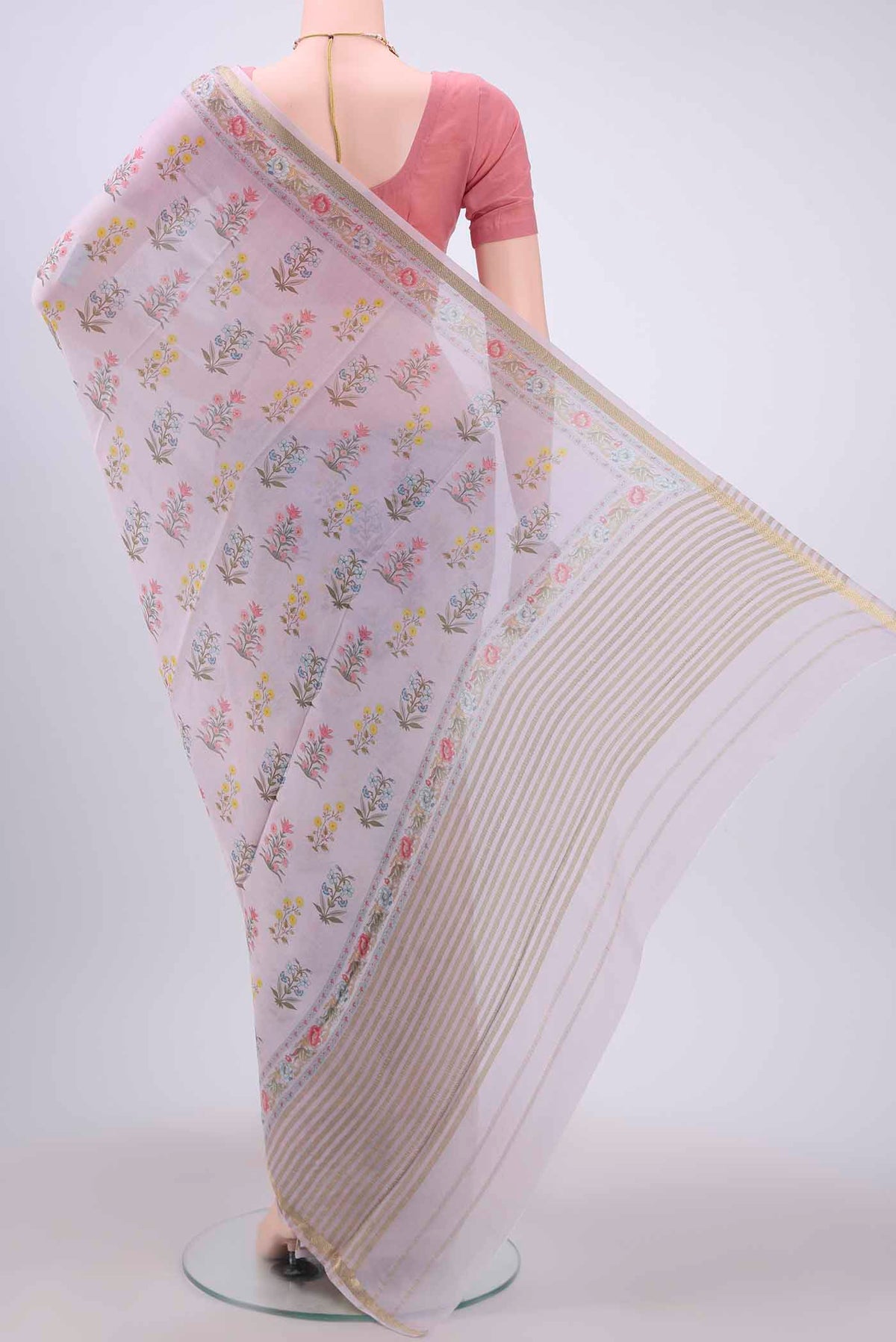 Flat view of Lavender Mysore Georgette Saree with Floral Print on the body and Zari Border