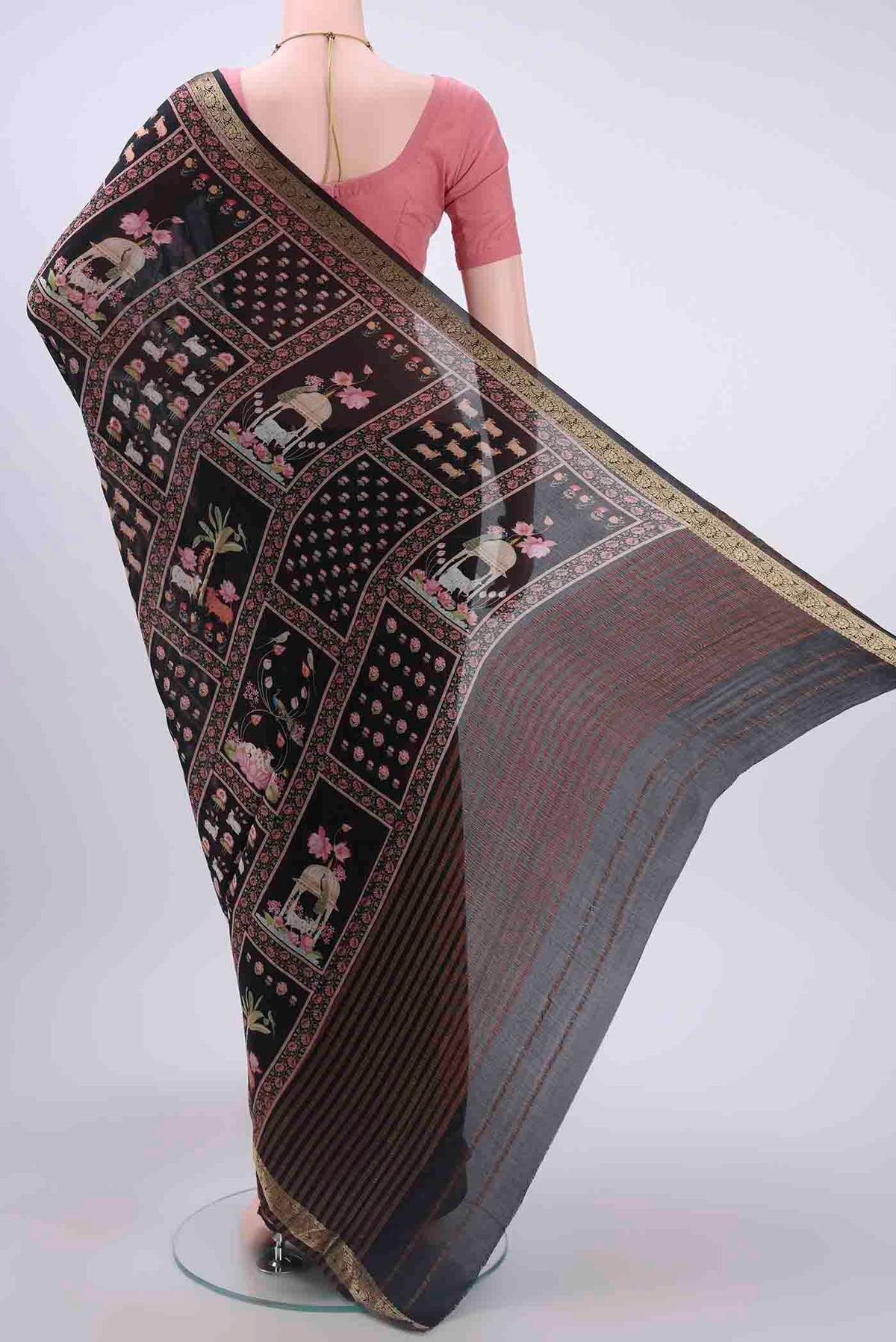 Flat view of Black Mysore Crepe Saree with Printed design on the body and Zari Border