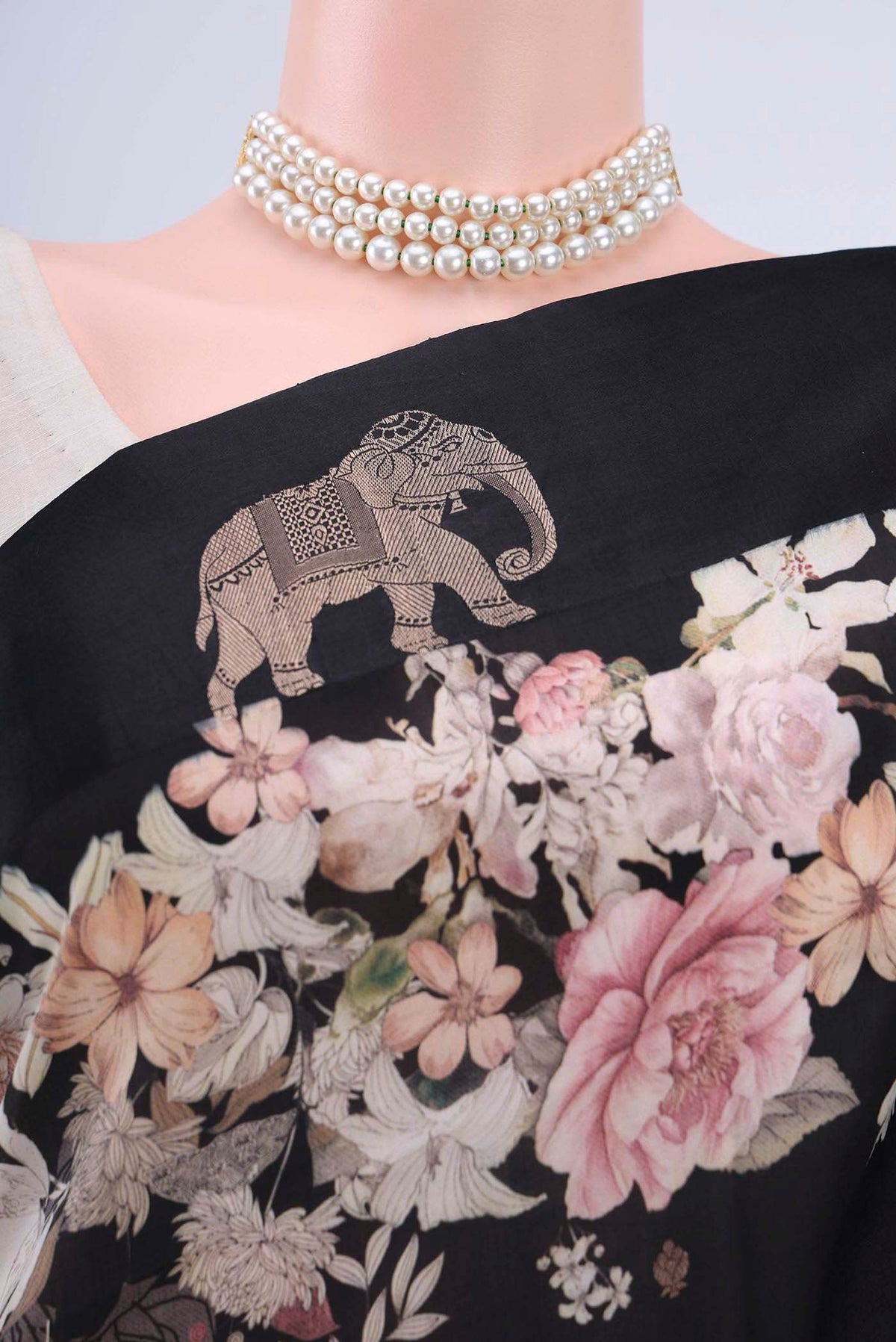 Border image of Black Printed Silk Saree with Floral Print on the body and Satin Border