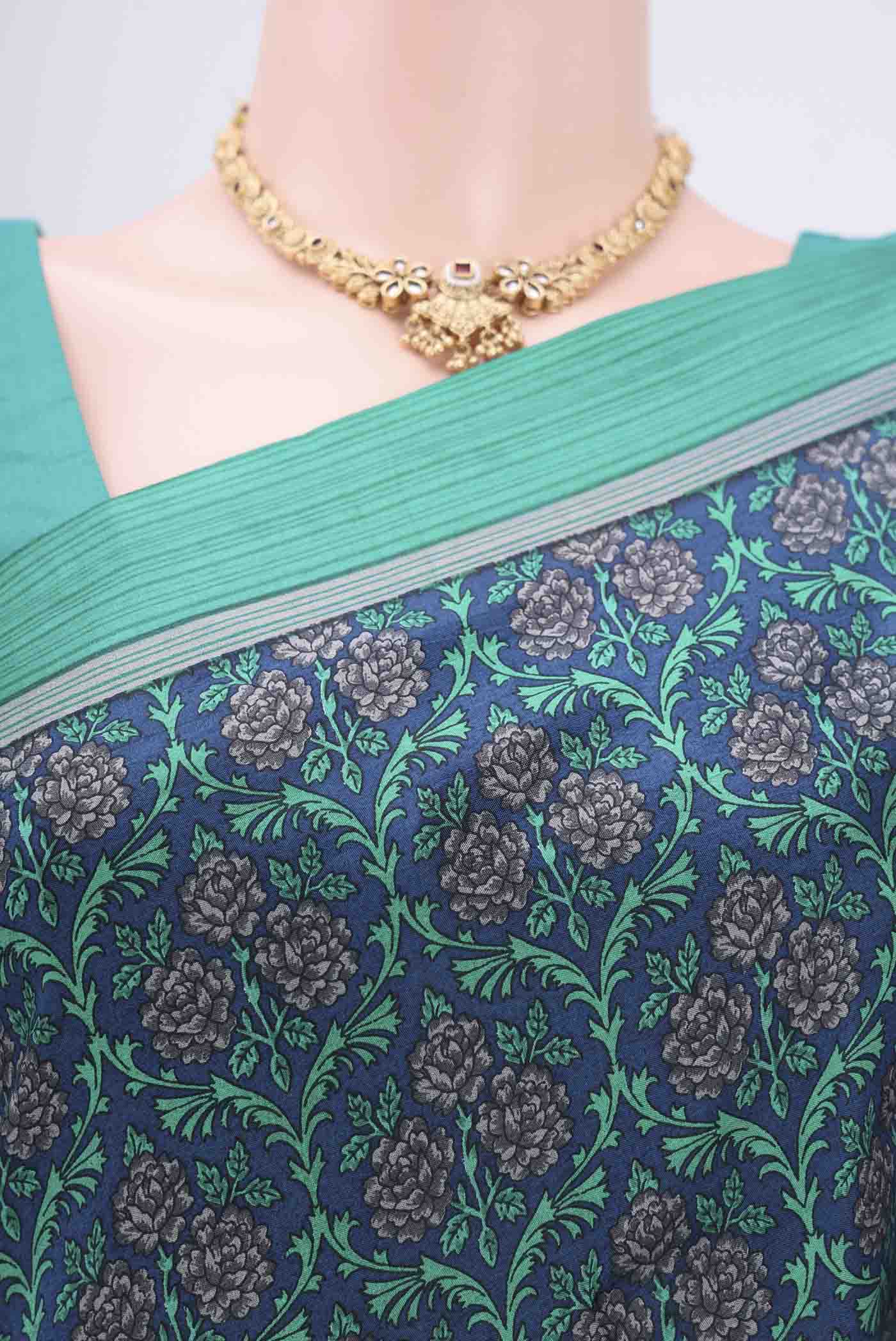 Border image of Navy Blue Printed Silk Saree with Printed design on the body and Plain Border. 
