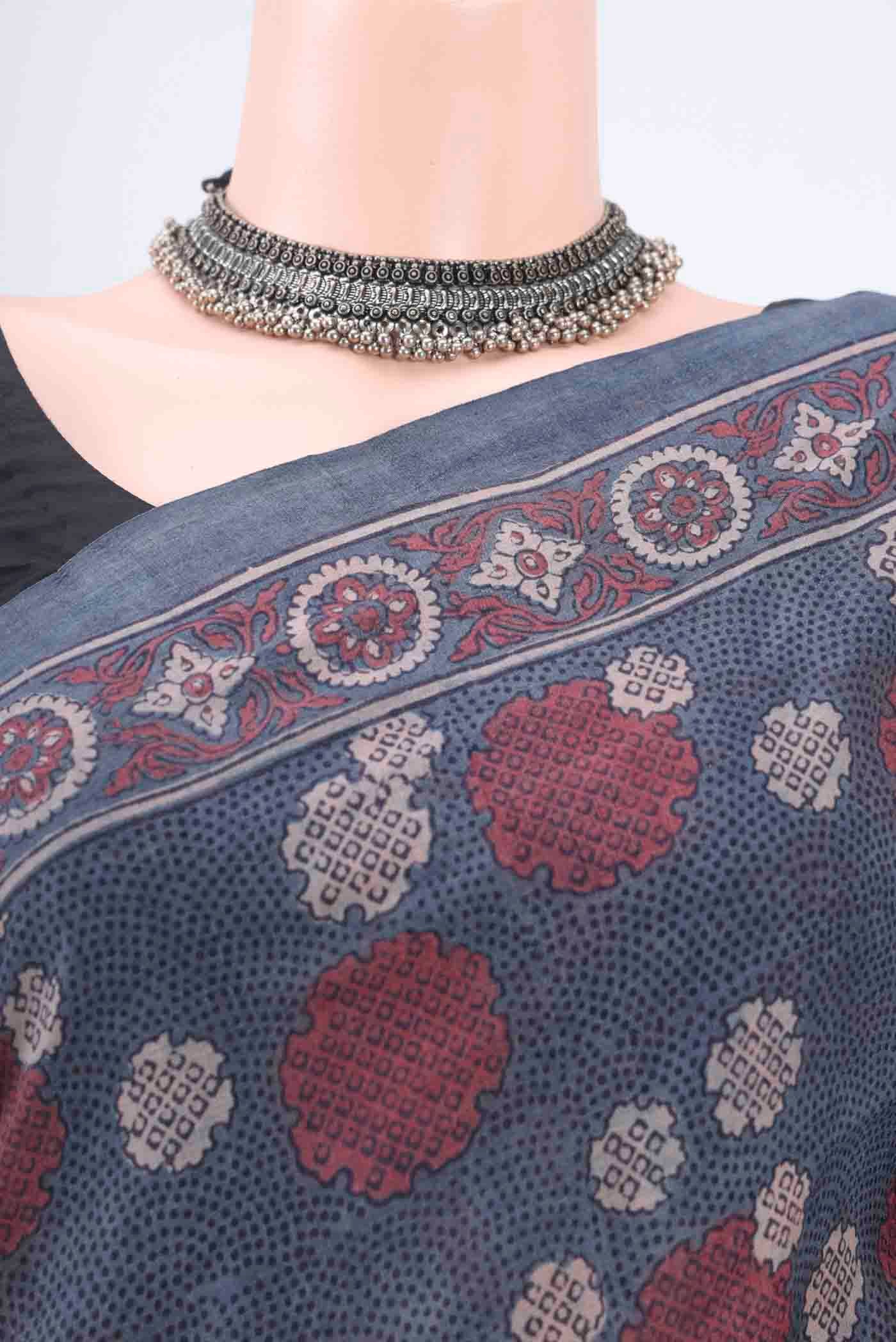 Border image of Blue Grey Tussar Silk Saree with Ajrakh Print on the body and Printed Border