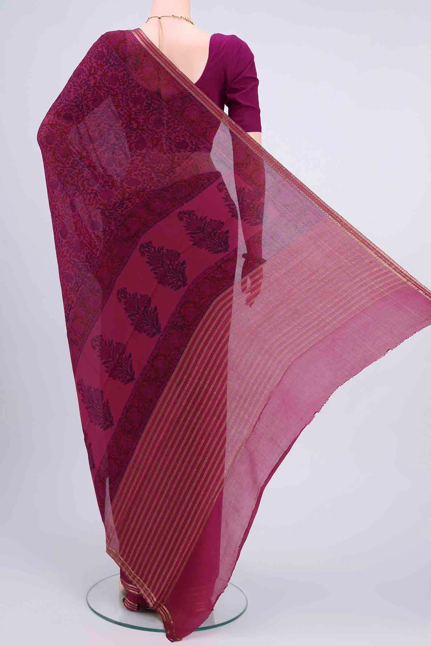 Flat view of Magenta Mysore Crepe Saree with Floral Print on the body and Printed Border