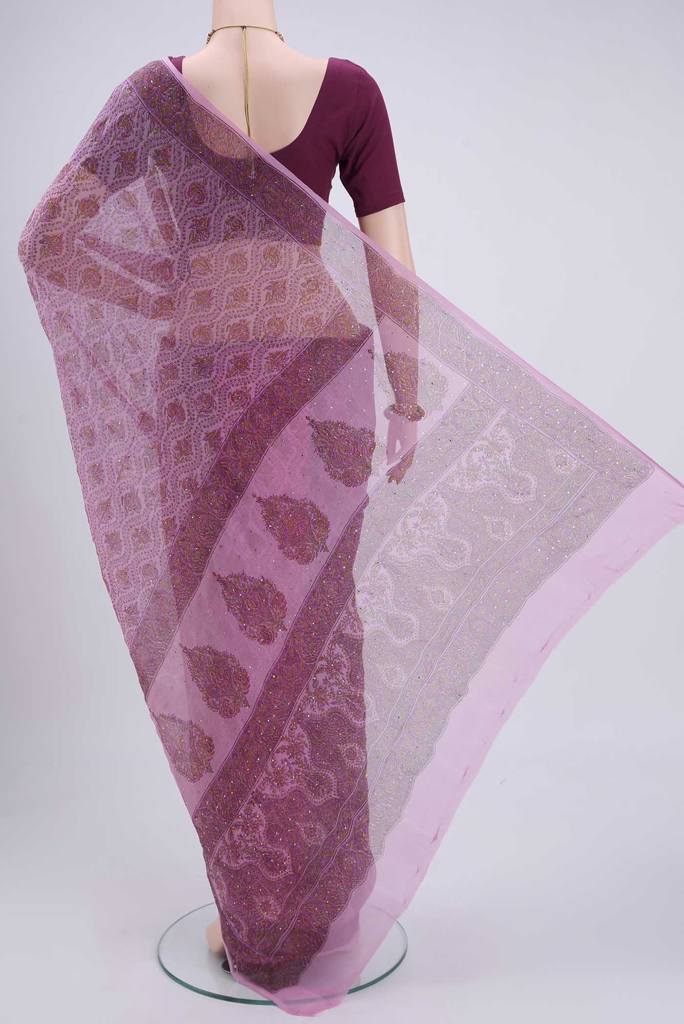 Flat view of Rose pink Mysore Chiffon Saree with Floral Print on the body and Without Border. 
