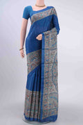 Royal Blue Dual Tone Tussar Silk Saree with Printed design on the body and Printed Border displayed on a mannequin