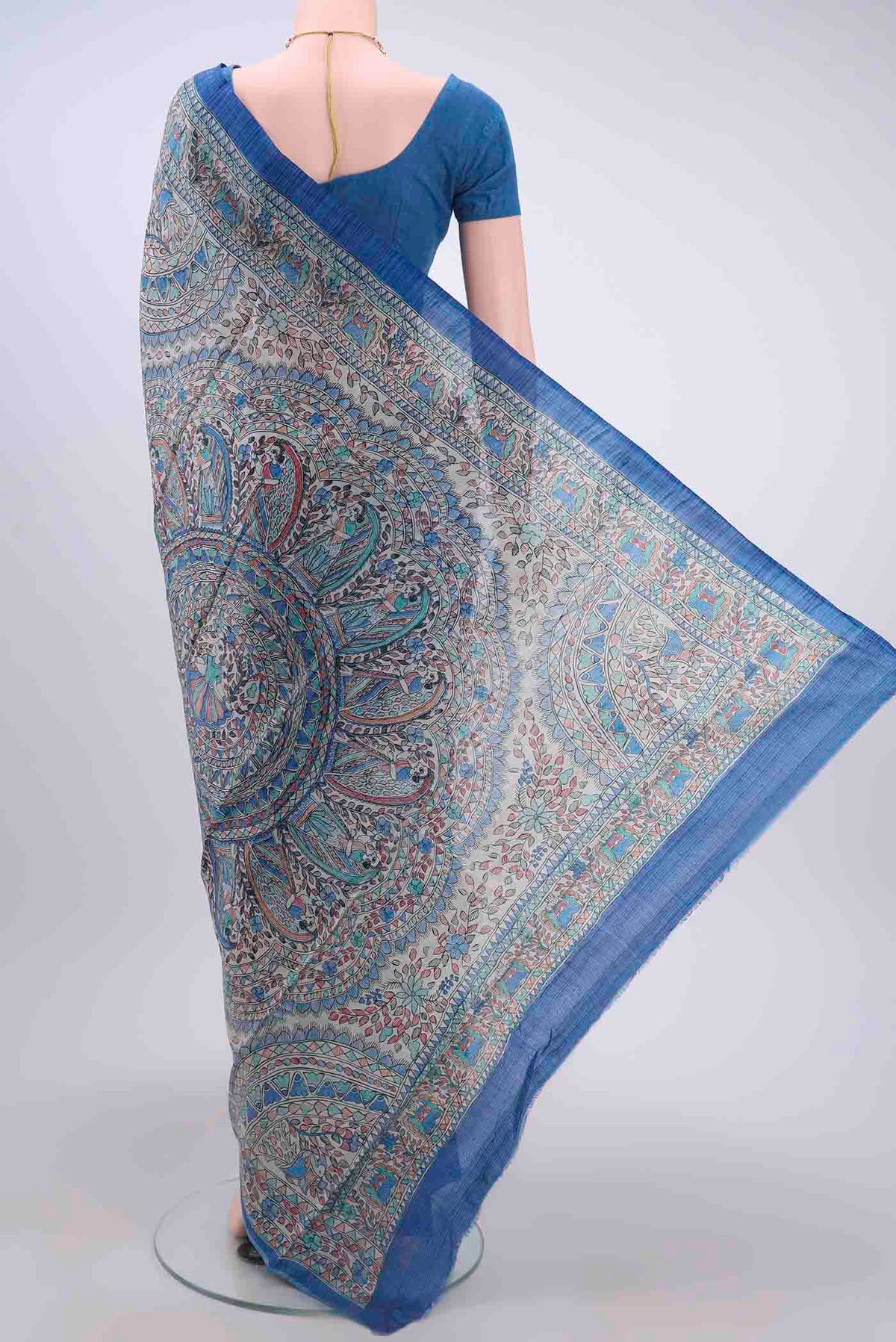 Flat view of Royal Blue Dual Tone Tussar Silk Saree with Printed design on the body and Printed Border