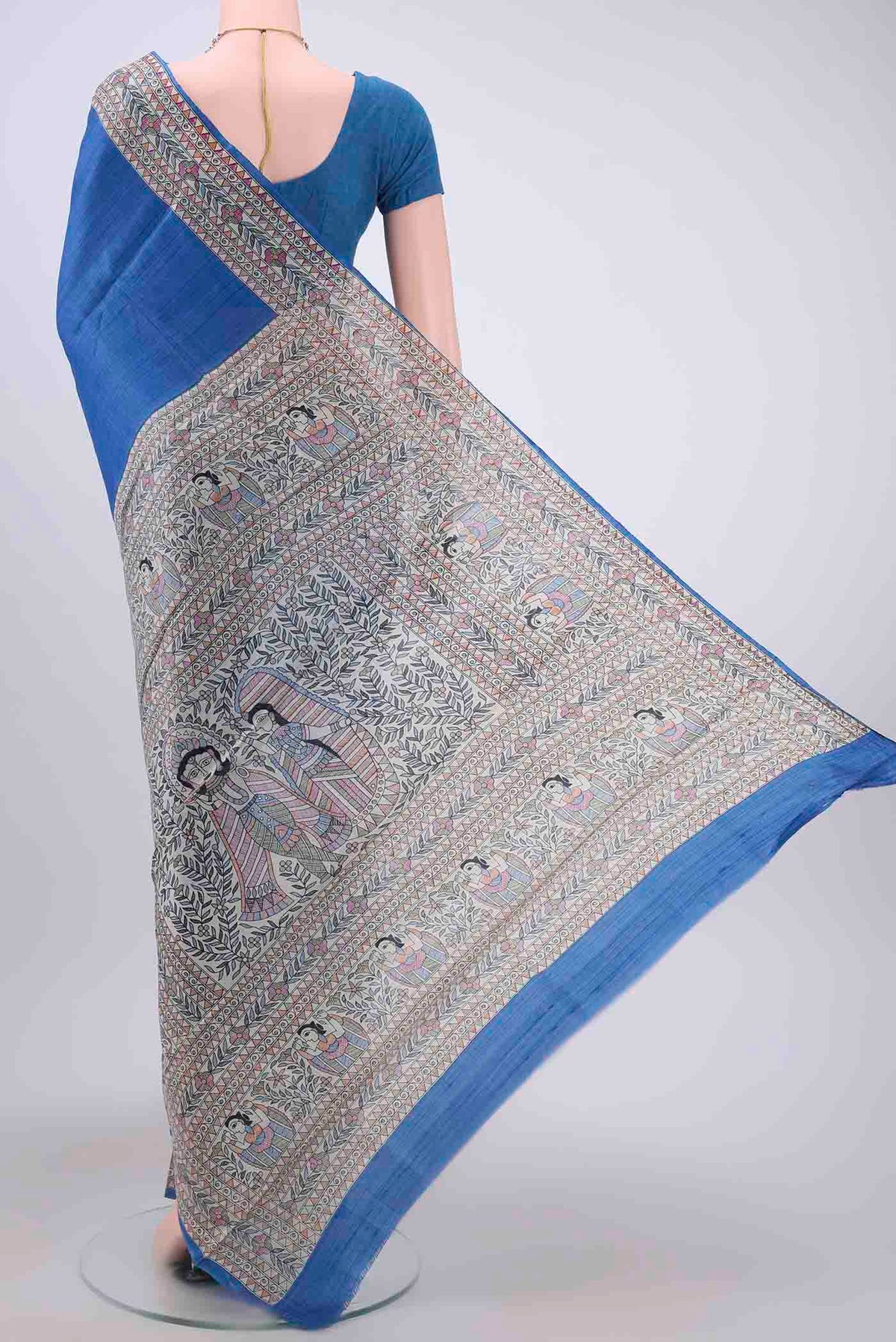 Flat view of Royal Blue Dual Tone Tussar Silk Saree with Printed design on the body and Printed Border