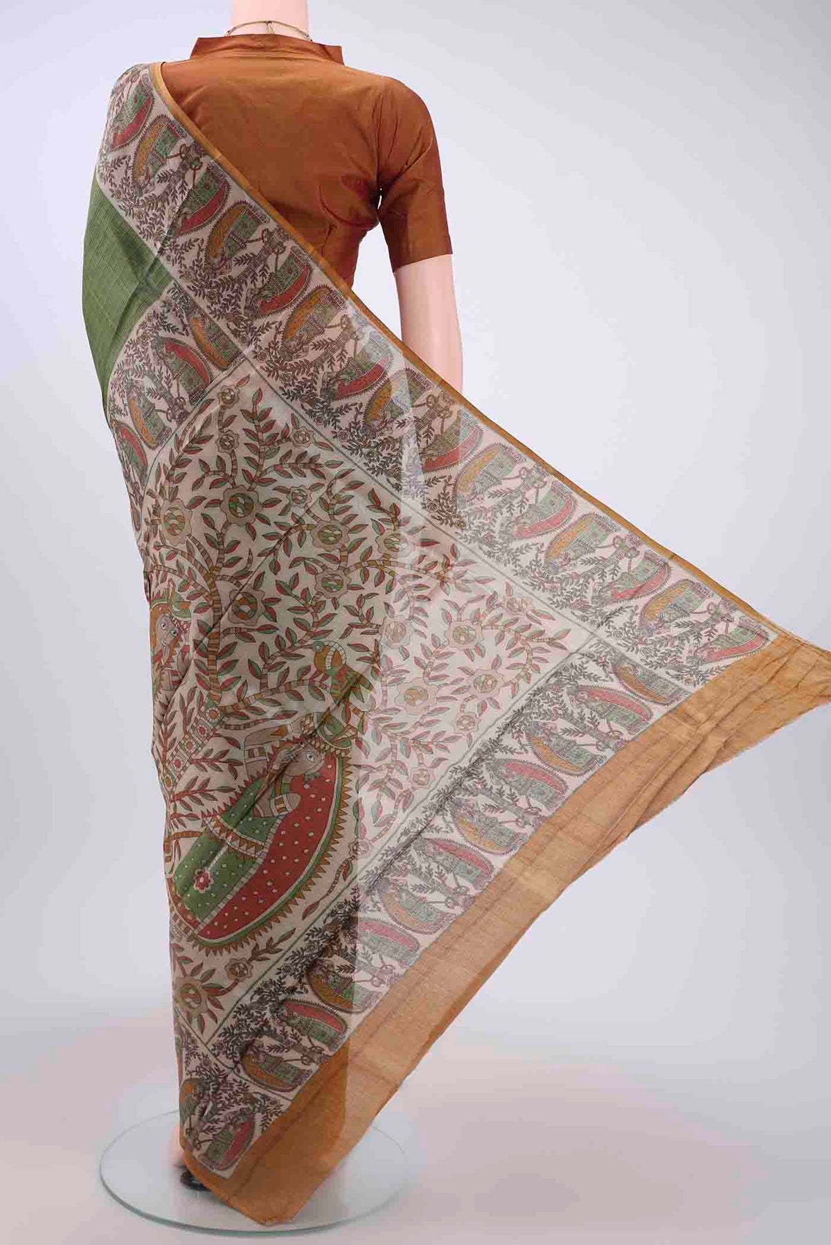 Flat view of Green Dual Tone Tussar Silk Saree with Printed design on the body and Printed Border