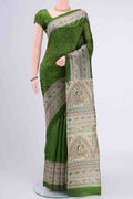 Mehandi Green Printed Silk Saree with Printed design on the body and Printed Border displayed on a mannequin