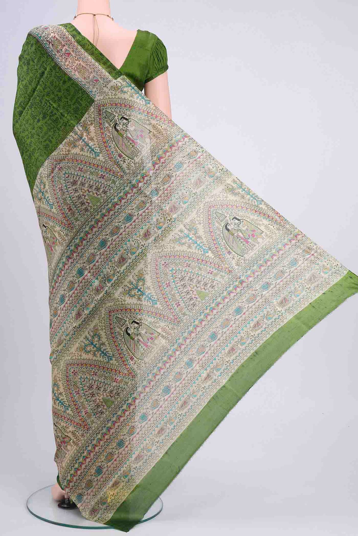 Flat view of Mehandi Green Printed Silk Saree with Printed design on the body and Printed Border