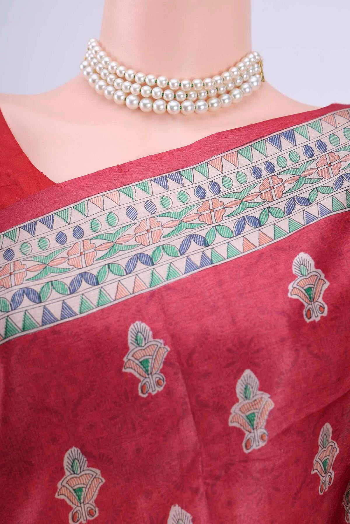 Border image of Red Tussar Silk Saree with Printed design on the body and Printed Border