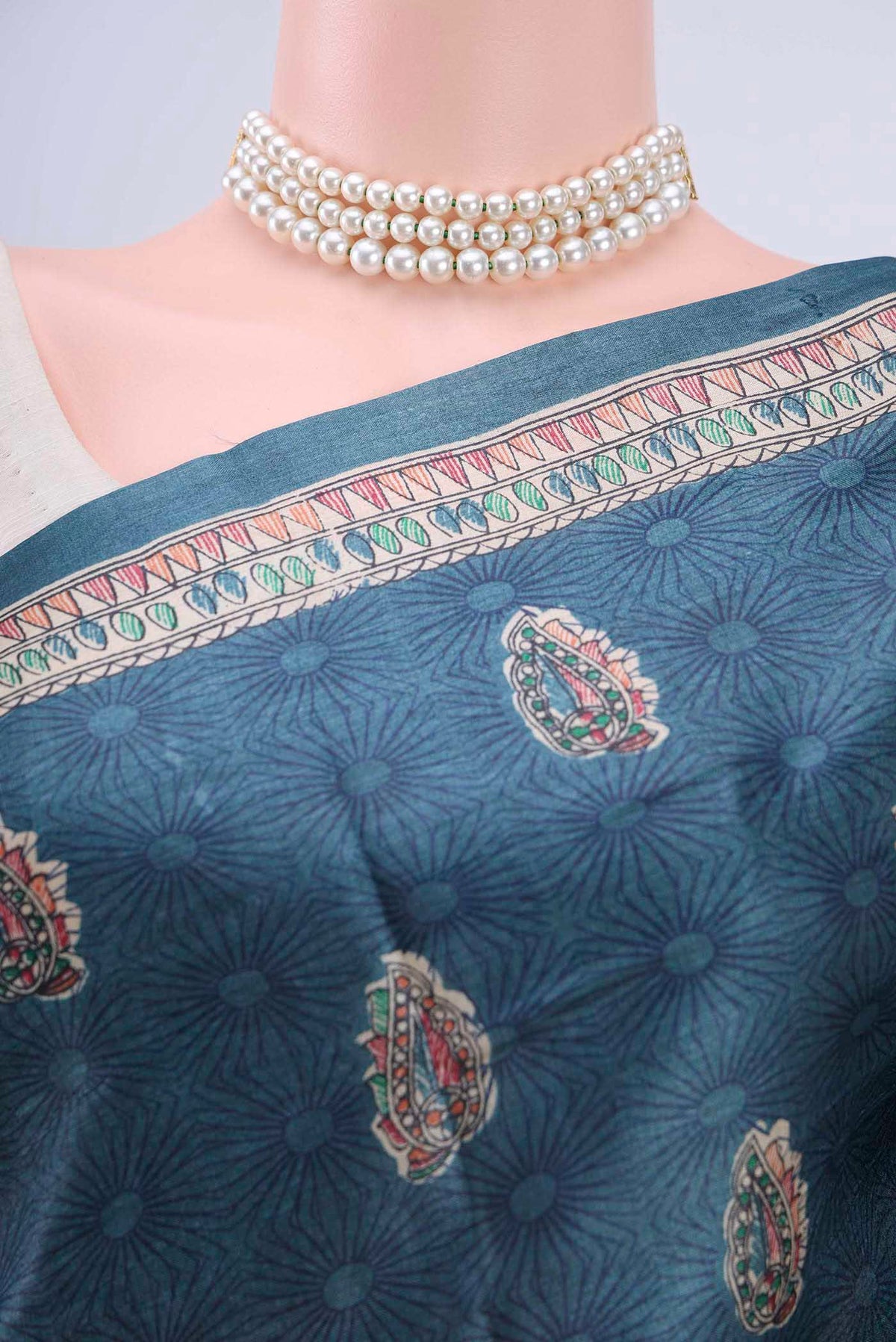Border image of Blue Grey Tussar Silk Saree with Animal Print on the body and Printed Border
