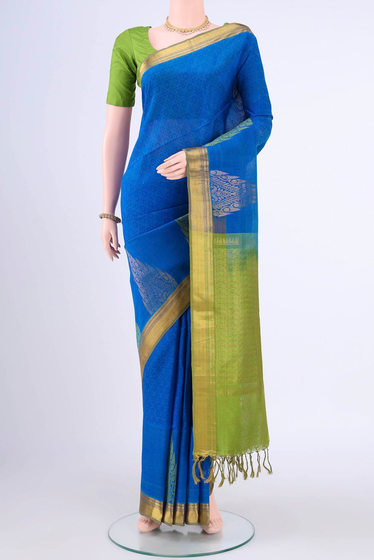Royal Blue Coimbatore Silk Cotton Saree with Jacquard design on the body and Zari Border displayed on a mannequin
