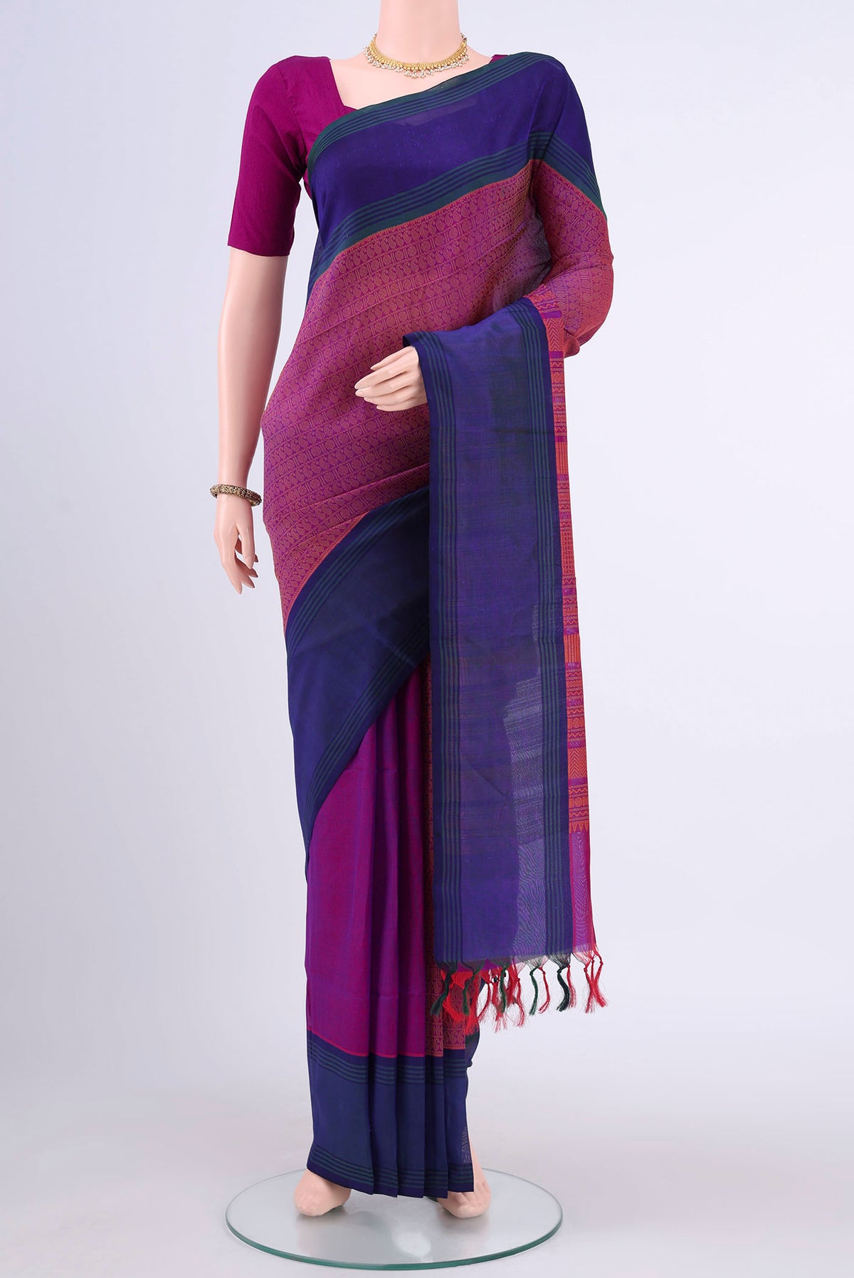 Purple Blended Coimbatore Silk Cotton Saree with Thread Brocade on the body and Plain Border displayed on a mannequin