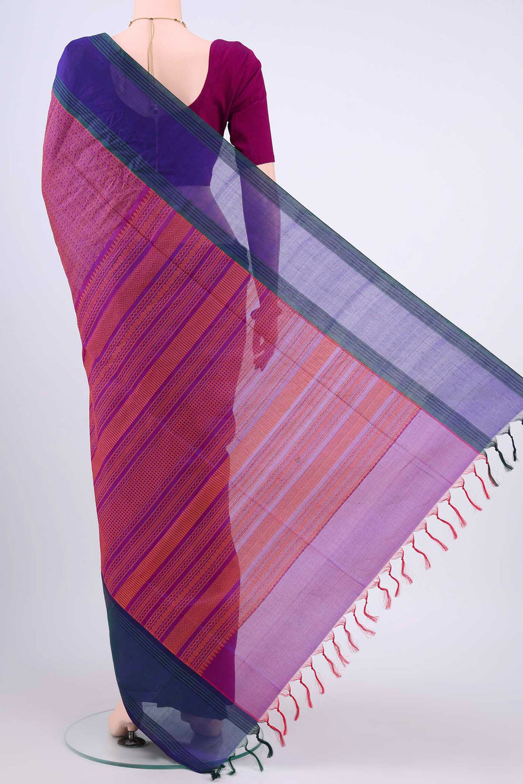 Flat view of Purple Blended Coimbatore Silk Cotton Saree with Thread Brocade on the body and Plain Border